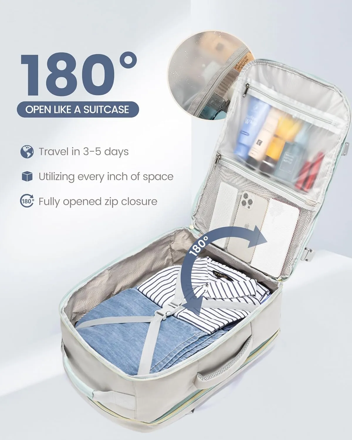 LOVEVEOOK Travel backpack for women, 40L Personal Item Travel Bags with 3 Packing Cubes, Waterproof Carry on Backpack for Airplanes Sports Luggage Backpack Large Hiking Backpack,Light grey-Mint green