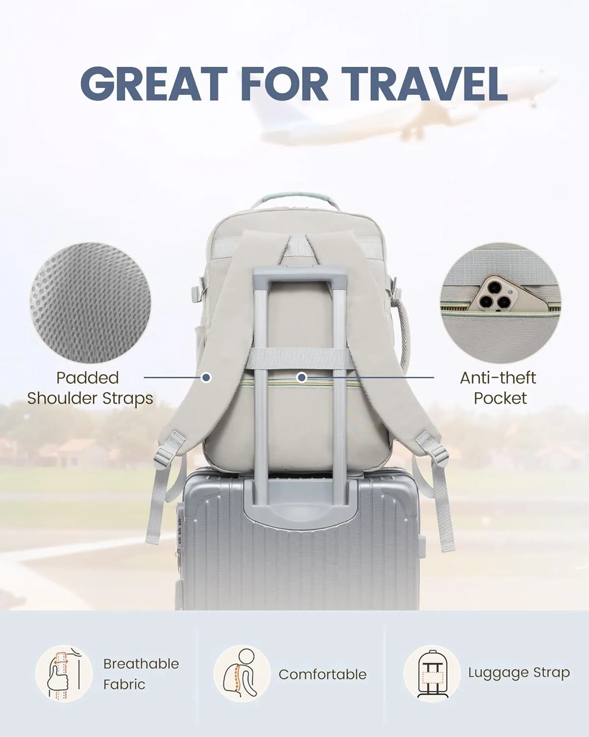 LOVEVEOOK Travel backpack for women, 40L Personal Item Travel Bags with 3 Packing Cubes, Waterproof Carry on Backpack for Airplanes Sports Luggage Backpack Large Hiking Backpack,Light grey-Mint green