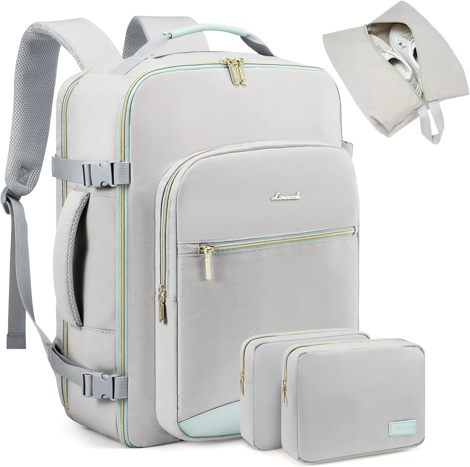 LOVEVEOOK Travel backpack for women, 40L Personal Item Travel Bags with 3 Packing Cubes, Waterproof Carry on Backpack for Airplanes Sports Luggage Backpack Large Hiking Backpack,Light grey-Mint green