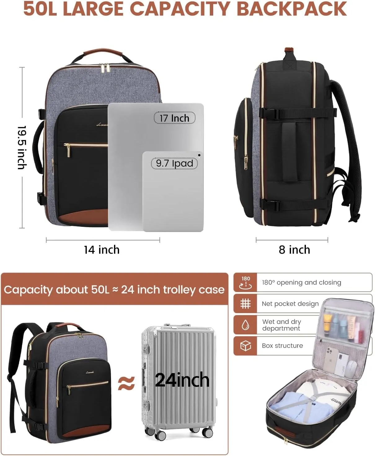 LOVEVOOK 50L Carry on Backpack for Women & Men with 3 Packing Cubes, Large Travel Backpack for Airplanes, TSA Personal Item Travel Bag with Laptop Pocket, Weekender Essentials Airline Approved
