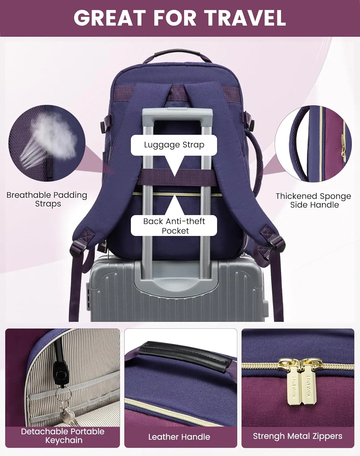 LOVEVOOK 50L Large Travel Backpack for Women, Carry on Backpack Airline Approved, Waterproof Travel Essentials fits 18" Laptop, TSA Personal Item Travel Bag Sports Backpack with 3 Packing Cubes