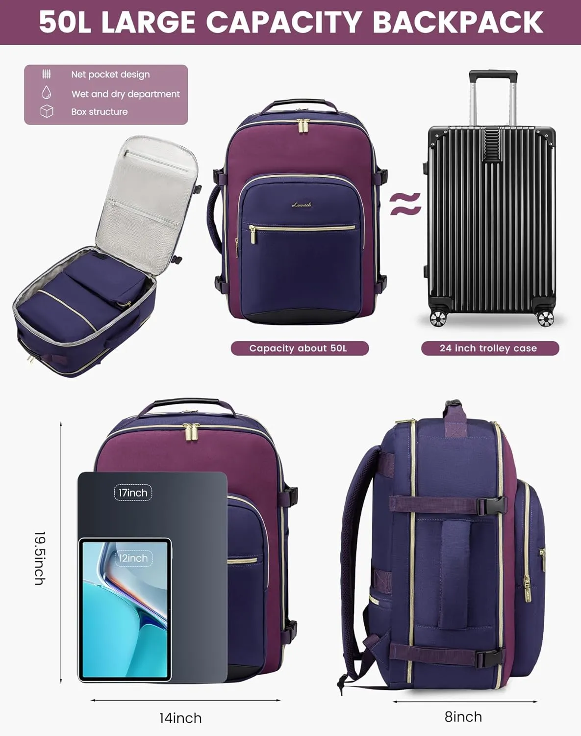 LOVEVOOK 50L Large Travel Backpack for Women, Carry on Backpack Airline Approved, Waterproof Travel Essentials fits 18" Laptop, TSA Personal Item Travel Bag Sports Backpack with 3 Packing Cubes