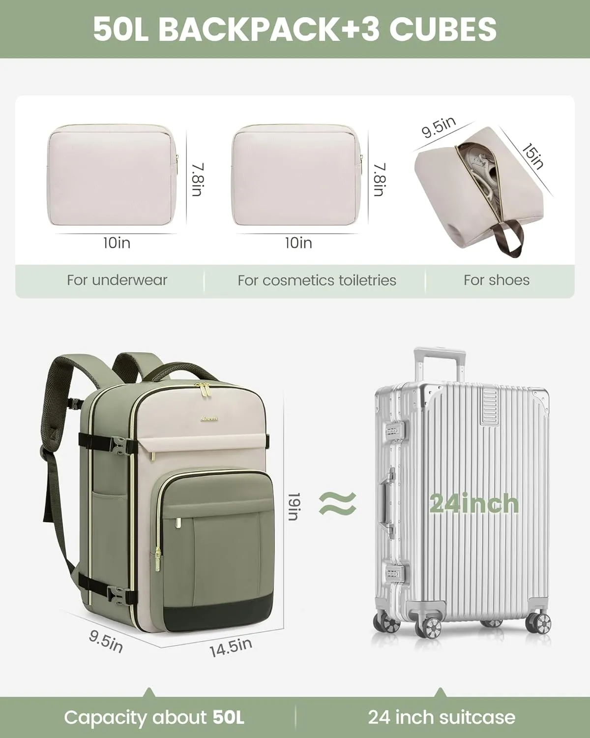 LOVEVOOK 50L Travel Backpack for Women & Men - 18 Inch Carry On Backpack & Personal Item Backpack for Airlines, Spacious and Durable Design, with 3 Packing Cubes