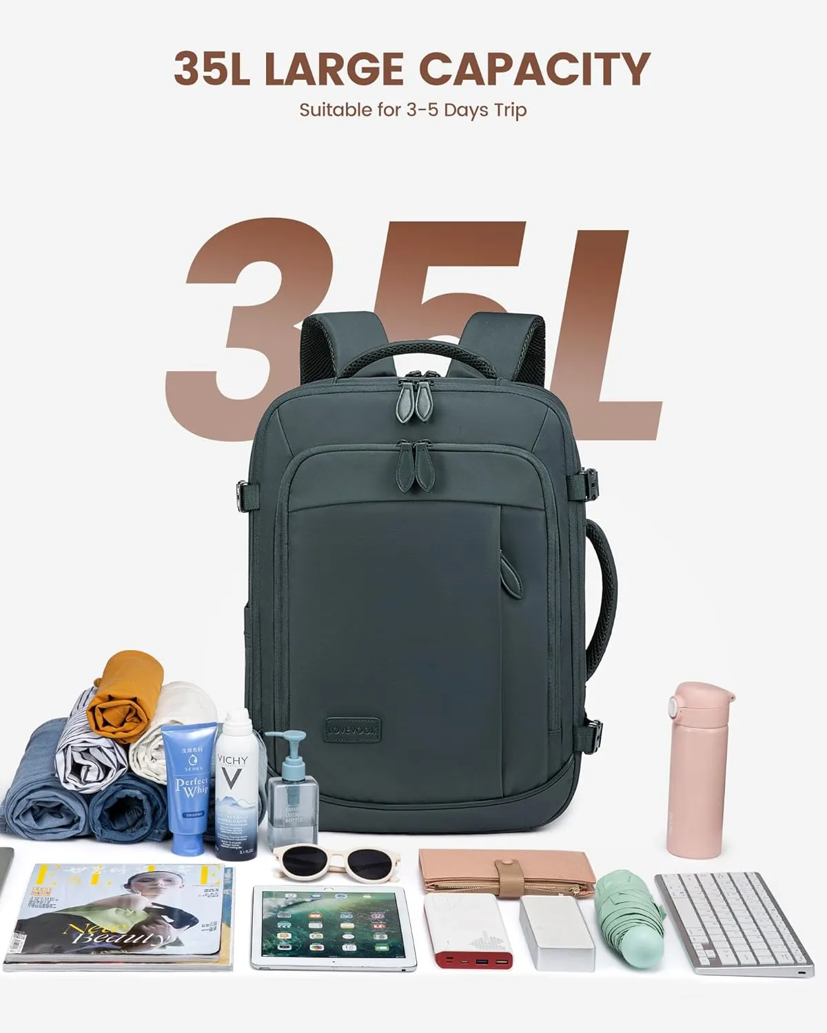 LOVEVOOK Business Laptop Travel Backpack for Men Women, 35L Large Carry On Bag Fits 15.6" Laptop, Flight Approved Personal Item, Waterproof Luggage for Daily Use Weekender Trip Work Uni, Dark Green
