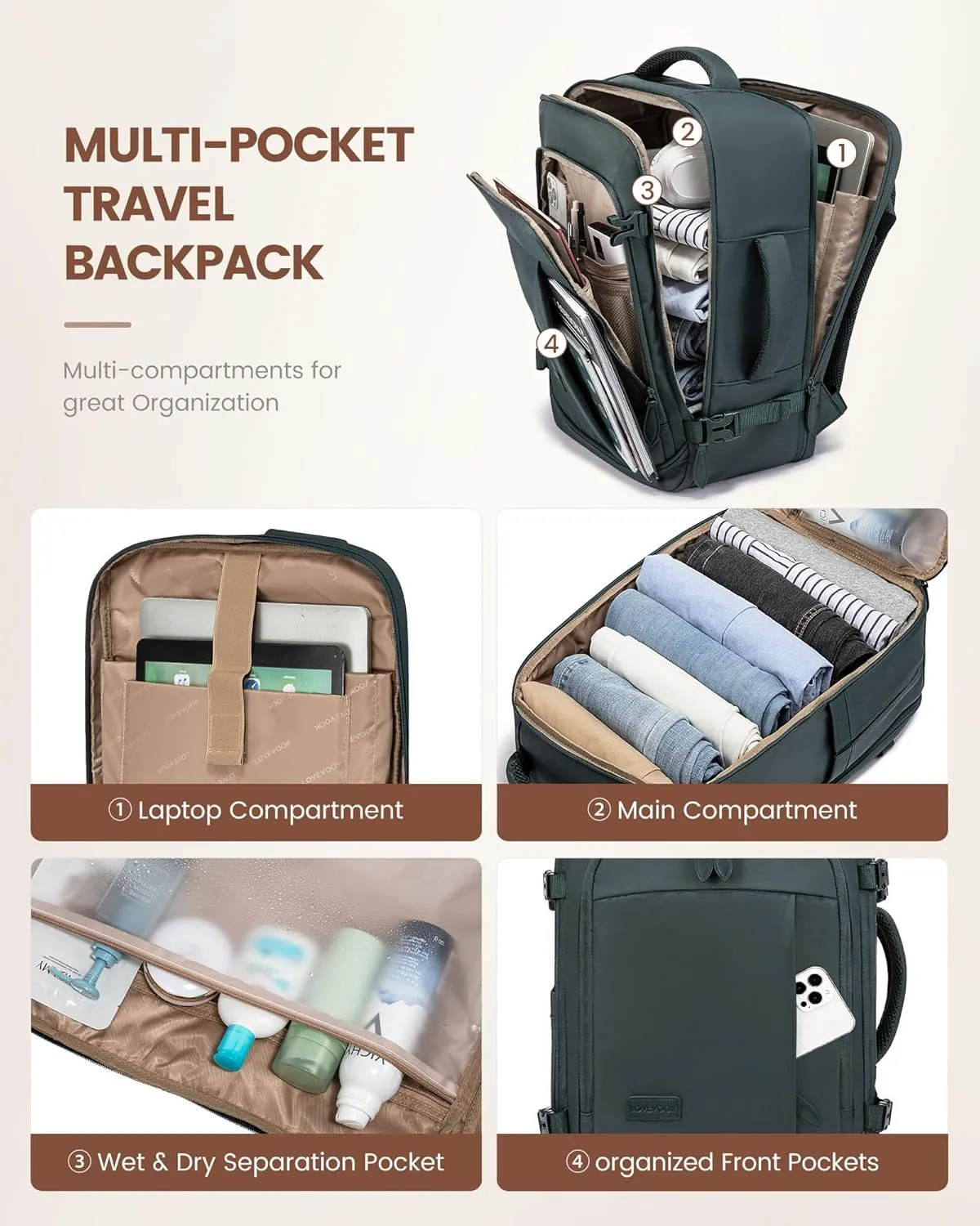 LOVEVOOK Business Laptop Travel Backpack for Men Women, 35L Large Carry On Bag Fits 15.6" Laptop, Flight Approved Personal Item, Waterproof Luggage for Daily Use Weekender Trip Work Uni, Dark Green