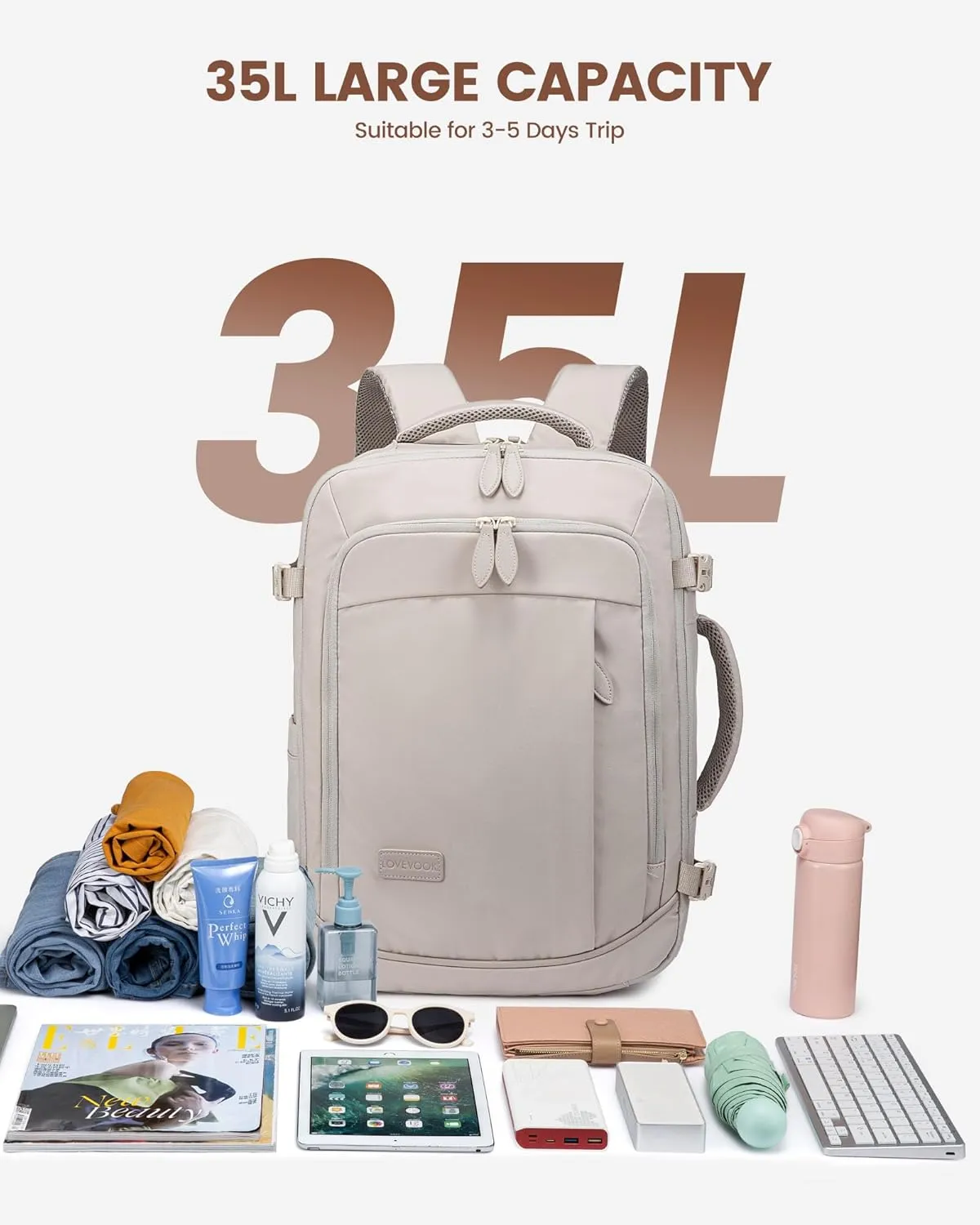 LOVEVOOK Carry On Backpack for Women Men, 35L Large Travel Bag Fits 15.6" Laptop, TSA Flight Approved Personal Item, Waterproof Luggage for Daily Use Weekender Trip Work Business Uni, Cloud Gray