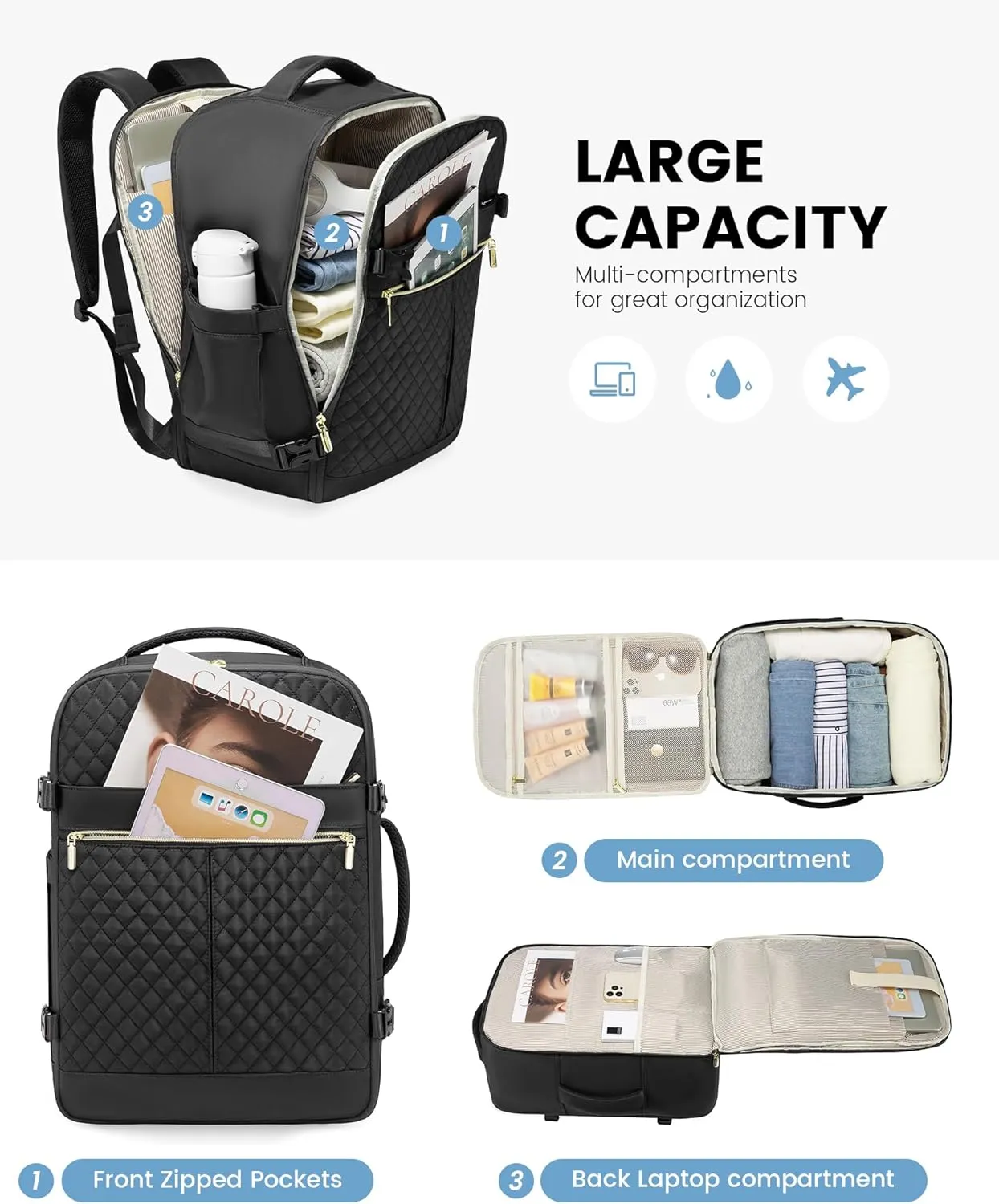 LOVEVOOK Carry On Travel Backpack for Women, 40L Personal Item Travel Bag Flight Approved, TSA Large Backpack for 17'' Laptop, Waterproof Weekender Business Hiking Bag with 3 Packing Cubes