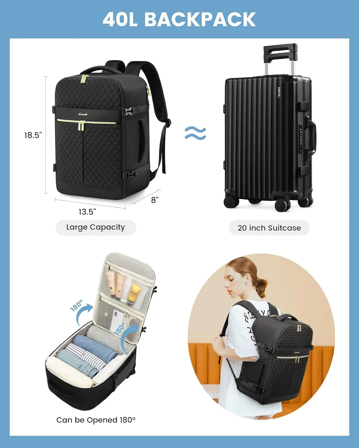 LOVEVOOK Carry On Travel Backpack for Women, 40L Personal Item Travel Bag Flight Approved, TSA Large Backpack for 17'' Laptop, Waterproof Weekender Business Hiking Bag with 3 Packing Cubes