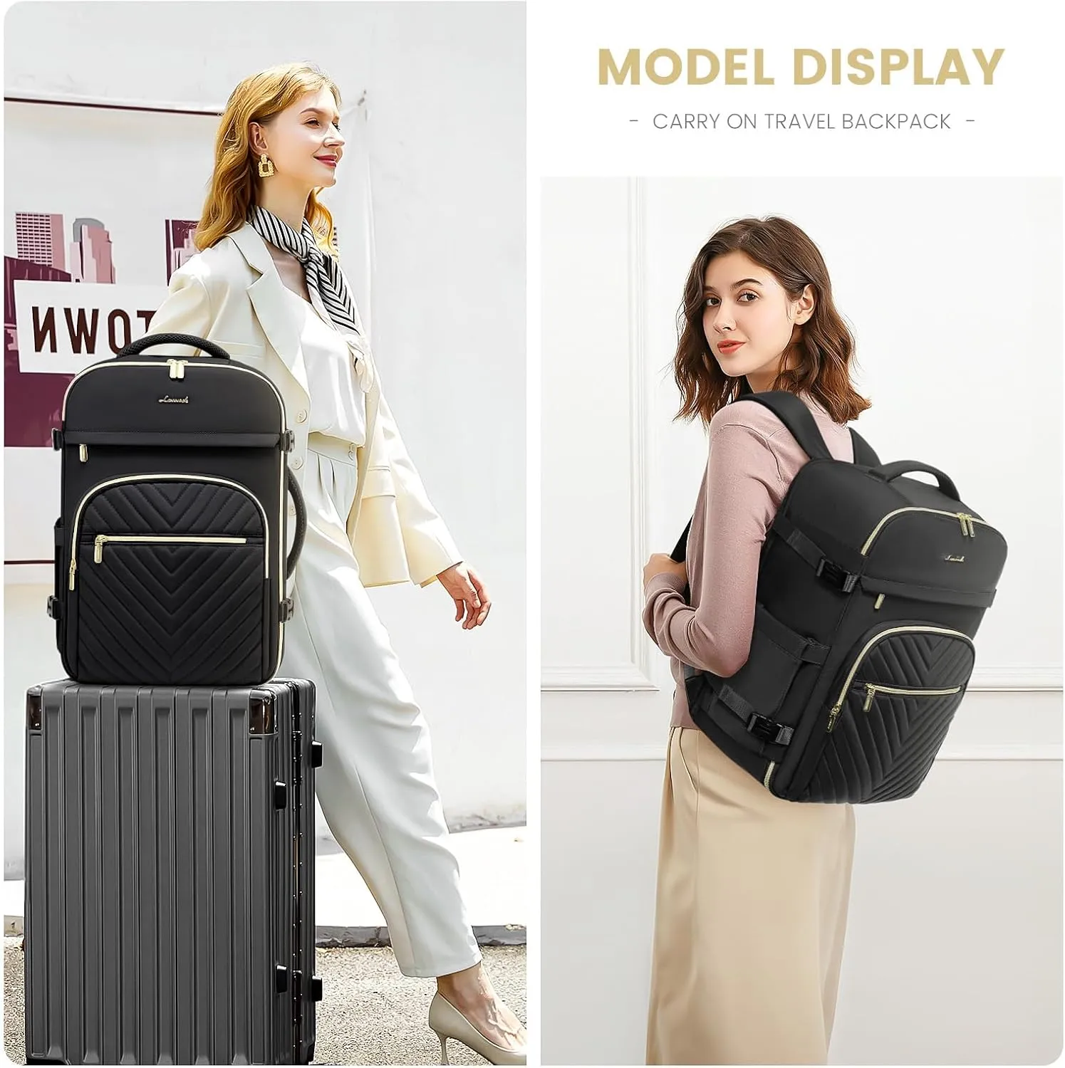 LOVEVOOK Carry On Travel Backpack for Women, TSA Personal Item Travel Bag for Airplanes, Waterproof Carry on Bag Flight Approved 35L Daypack with 2 Packing Cubes, Fits 15.6" Laptop, Black