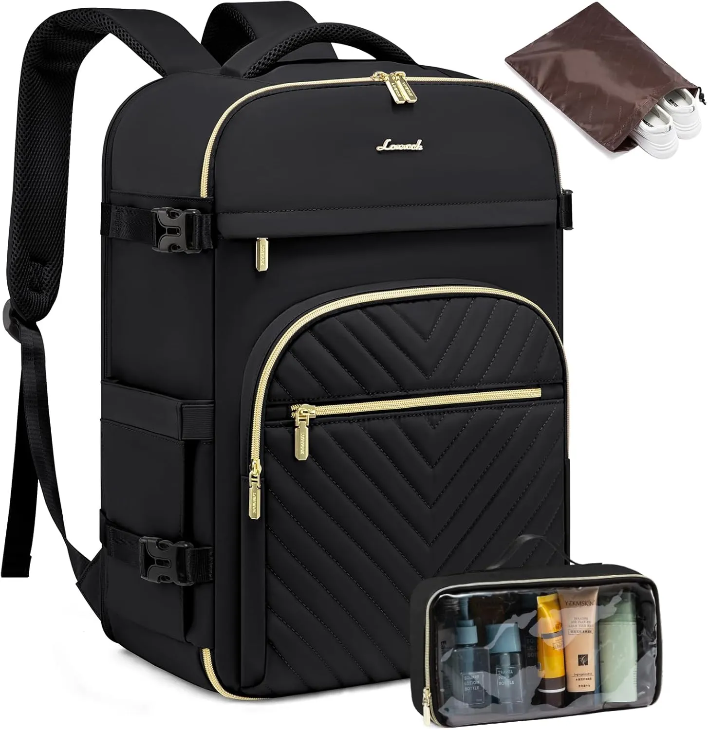 LOVEVOOK Carry On Travel Backpack for Women, TSA Personal Item Travel Bag for Airplanes, Waterproof Carry on Bag Flight Approved 35L Daypack with 2 Packing Cubes, Fits 15.6" Laptop, Black
