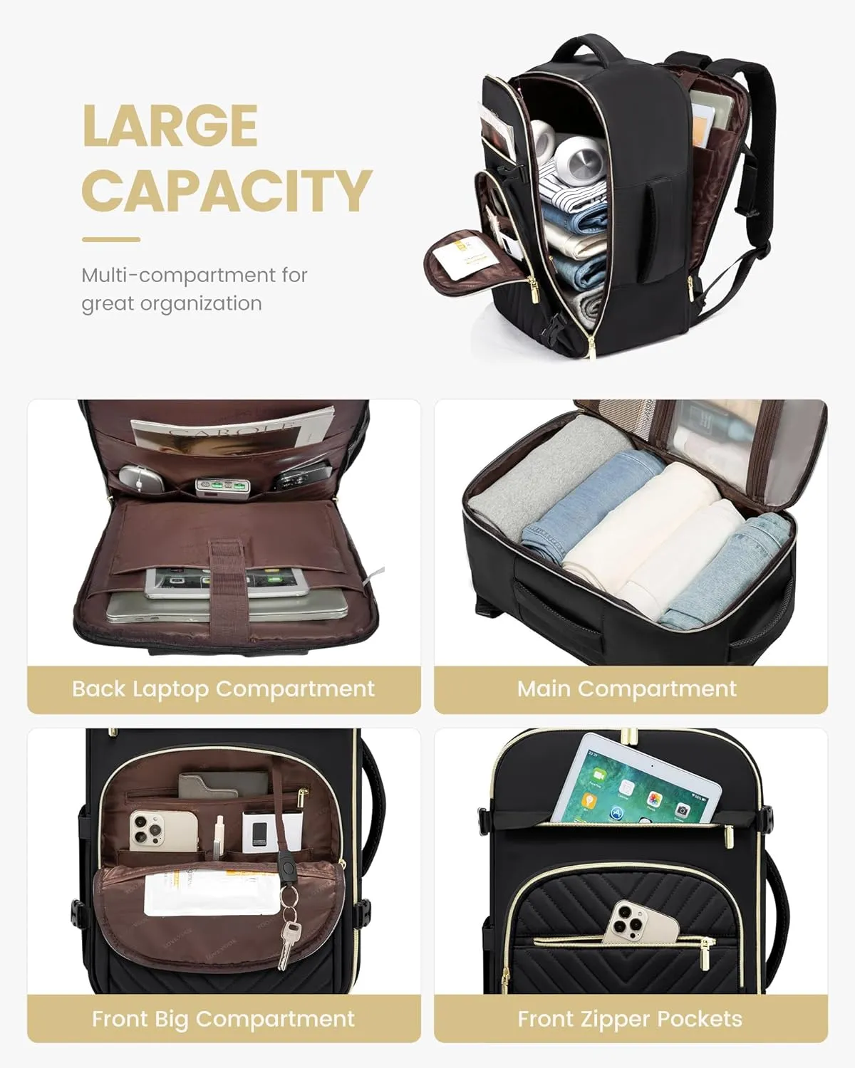 LOVEVOOK Carry On Travel Backpack for Women, TSA Personal Item Travel Bag for Airplanes, Waterproof Carry on Bag Flight Approved 35L Daypack with 2 Packing Cubes, Fits 15.6" Laptop, Black
