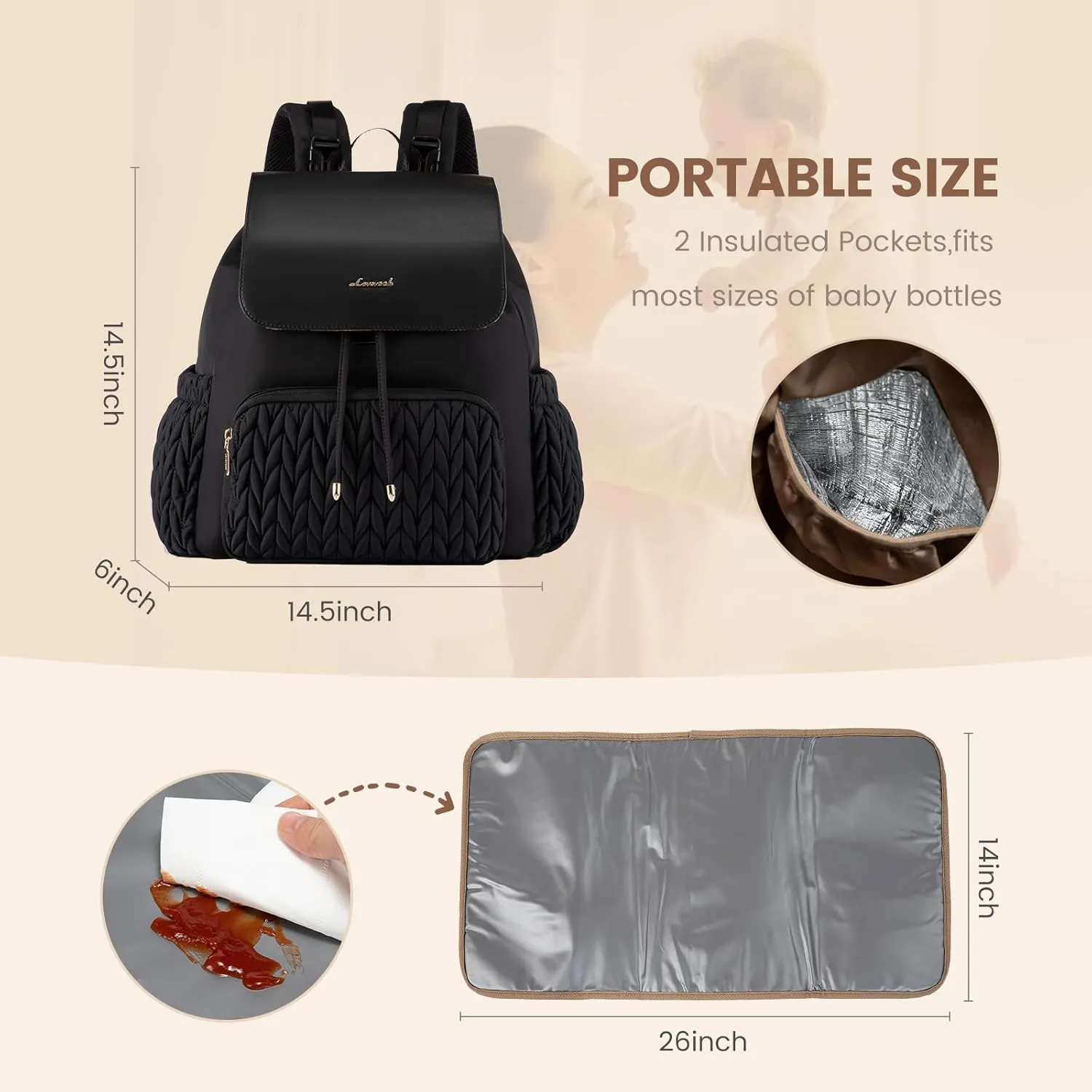 LOVEVOOK Diaper Bag Backpack, Small Cute Baby Bag, Stylish Water-Resistant Travel Bag for Mom, Baby Backpack with Changing Pad, Stroller Straps - Black