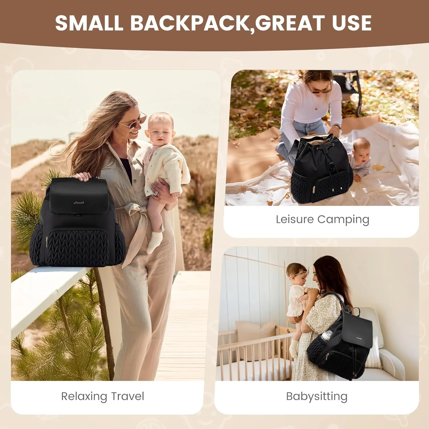 LOVEVOOK Diaper Bag Backpack, Small Cute Baby Bag, Stylish Water-Resistant Travel Bag for Mom, Baby Backpack with Changing Pad, Stroller Straps - Black
