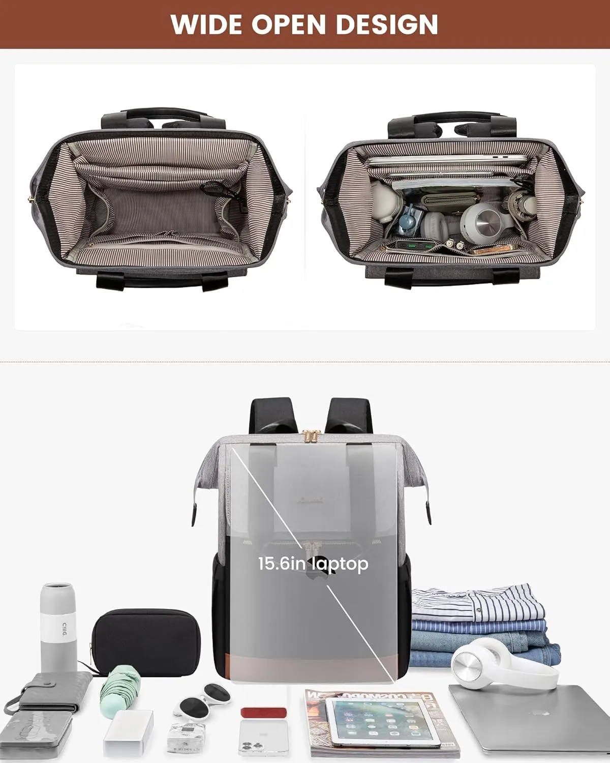 LOVEVOOK Laptop Backpack for Women, 15.6 Inch Work Laptop Bag with USB Port, Fashion Teacher Nurse Backpack Purse, Waterproof Travel Computer Backpack with Organizer Bag, 2PCS, Grey-Black