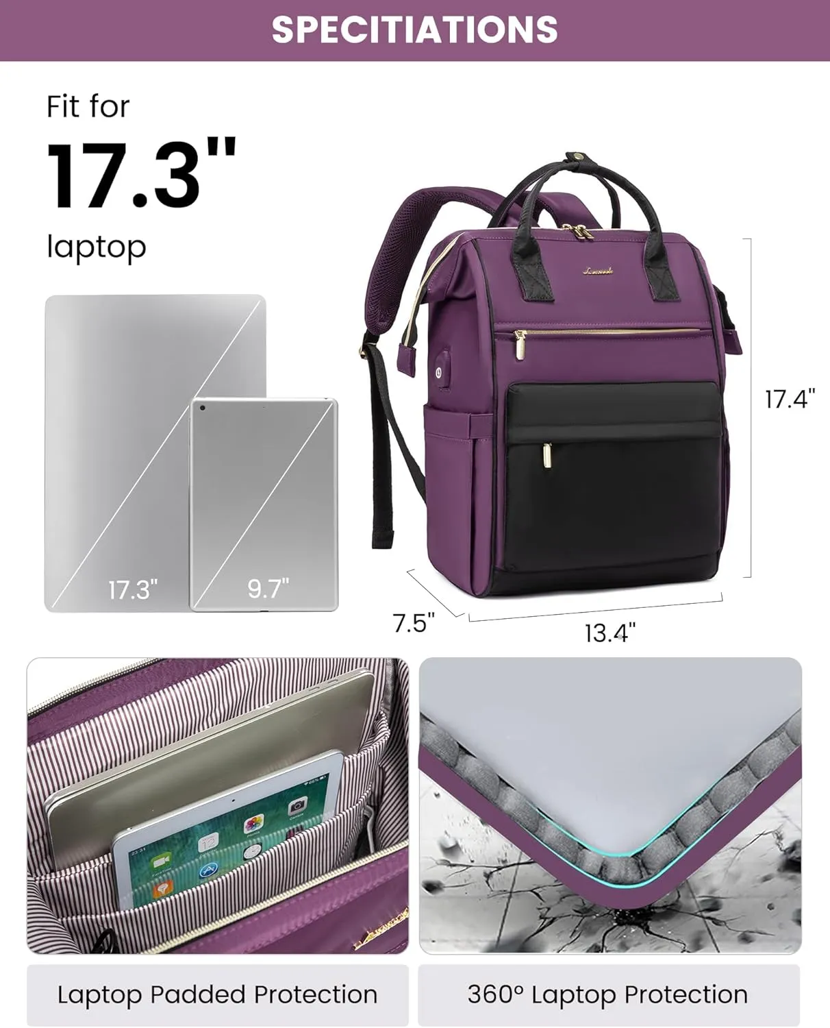 LOVEVOOK Laptop Backpack for Women, 17 Inch Work Teacher Nurse Bag, Large Capacity Business Computer Backpack Purse with USB Port, Stylish Casual Daypack for Travel