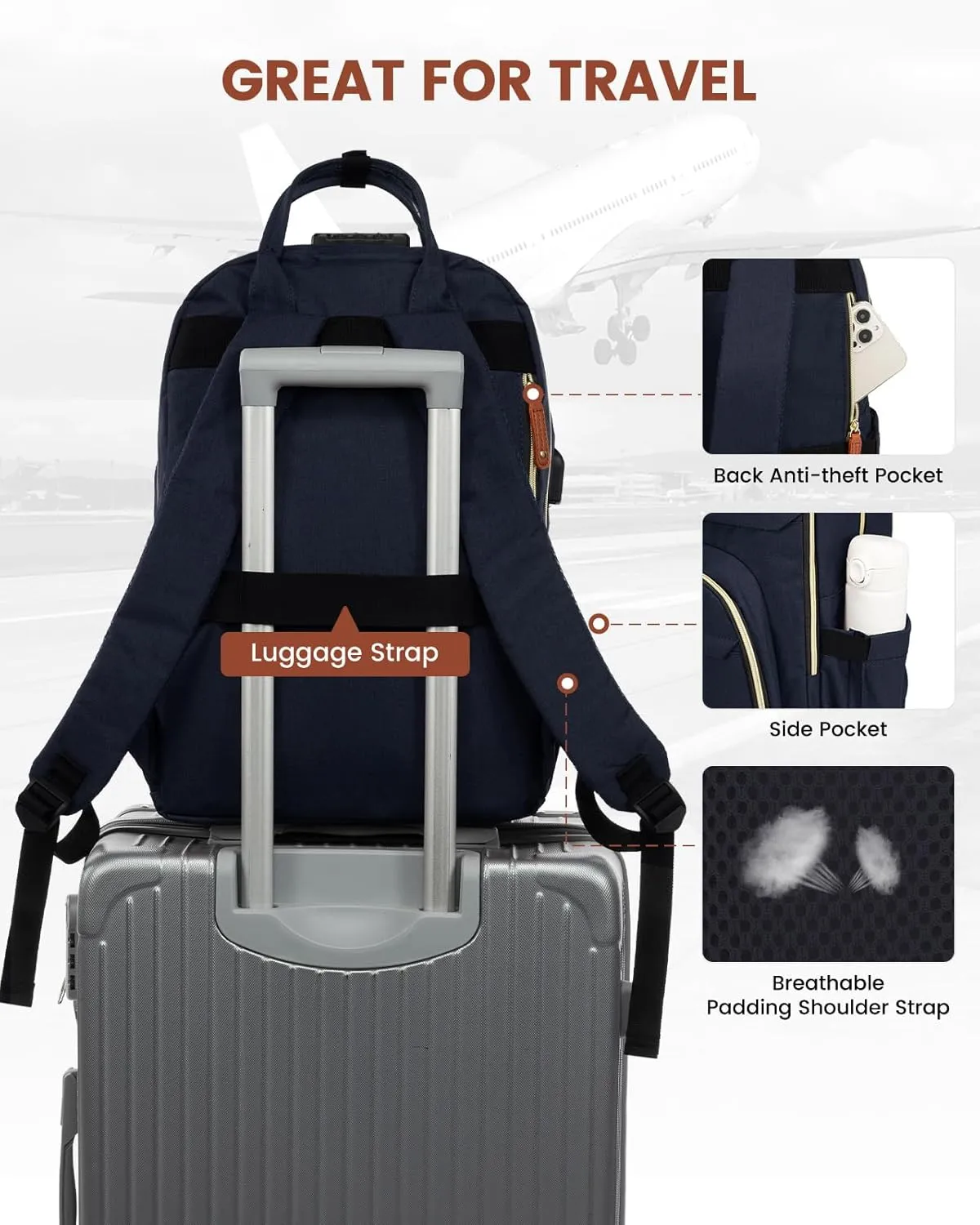 LOVEVOOK Laptop Backpack Purse for Women, Unisex Large Capacity 17 Inch Travel Anti-theft Bag, Work Business Computer Bags backpack, Casual Hiking Daypack with Lock, Navy