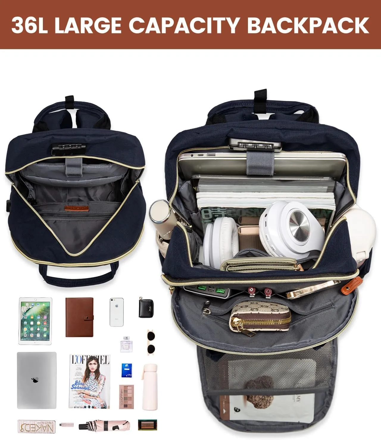 LOVEVOOK Laptop Backpack Purse for Women, Unisex Large Capacity 17 Inch Travel Anti-theft Bag, Work Business Computer Bags backpack, Casual Hiking Daypack with Lock, Navy
