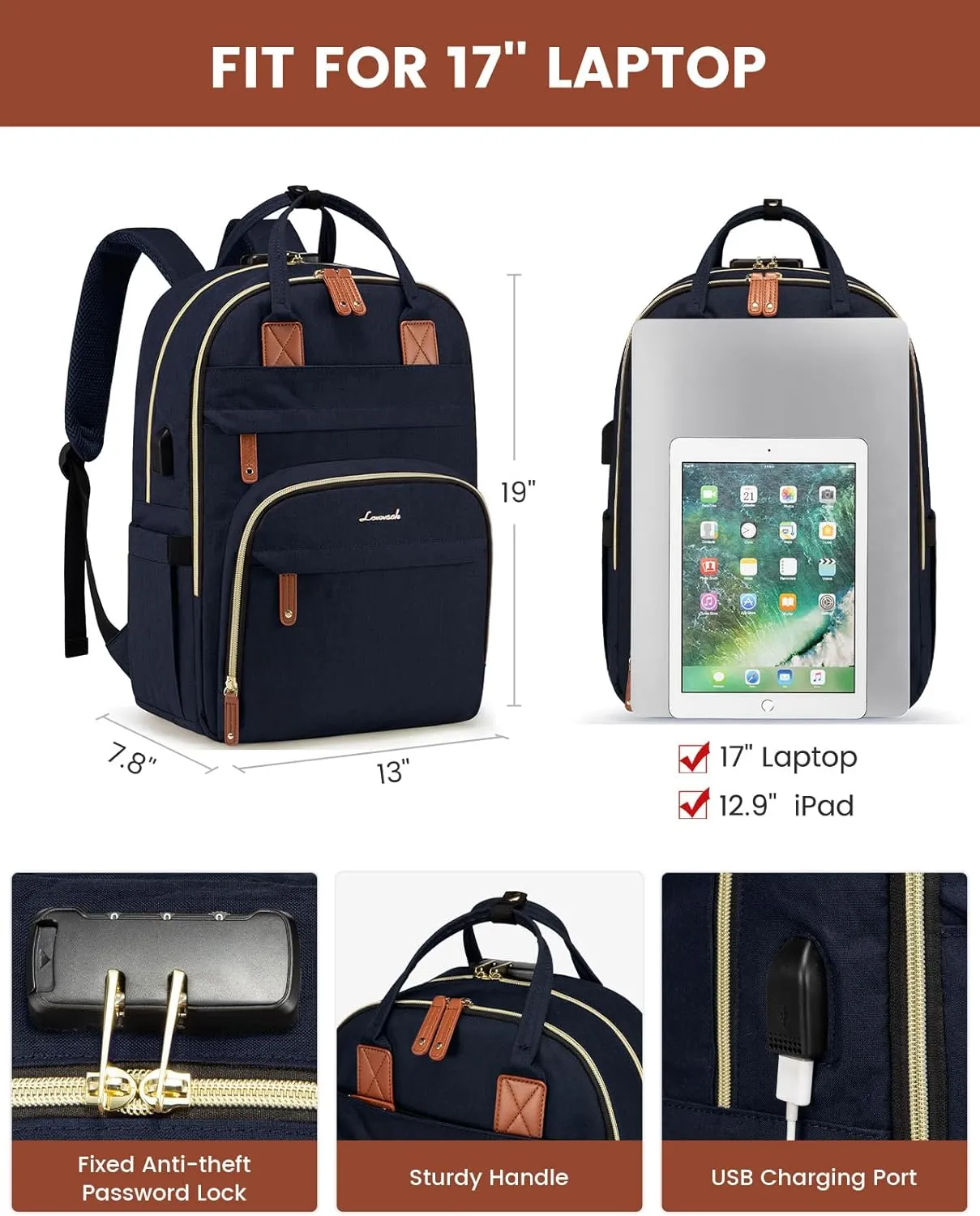 LOVEVOOK Laptop Backpack Purse for Women, Unisex Large Capacity 17 Inch Travel Anti-theft Bag, Work Business Computer Bags backpack, Casual Hiking Daypack with Lock, Navy