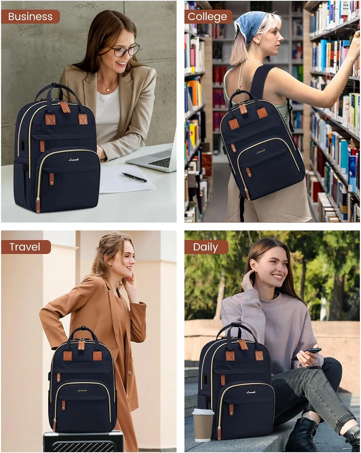 LOVEVOOK Laptop Backpack Purse for Women, Unisex Large Capacity 17 Inch Travel Anti-theft Bag, Work Business Computer Bags backpack, Casual Hiking Daypack with Lock, Navy