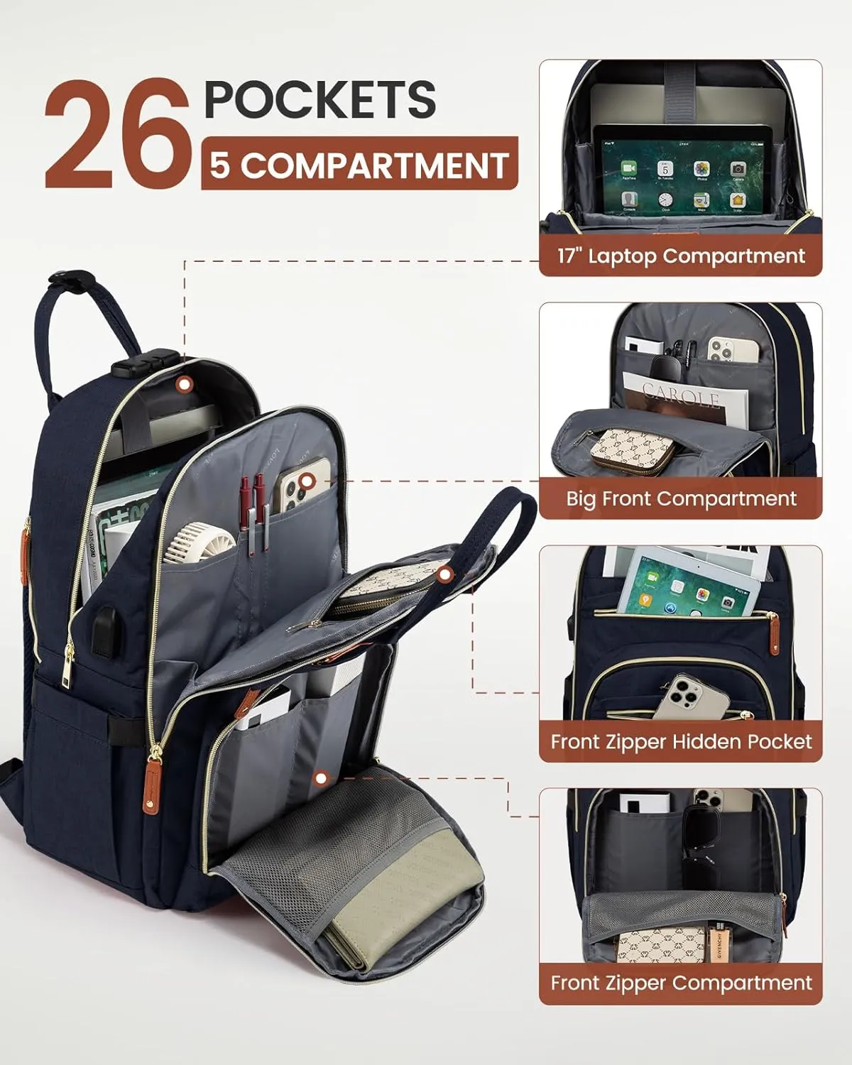 LOVEVOOK Laptop Backpack Purse for Women, Unisex Large Capacity 17 Inch Travel Anti-theft Bag, Work Business Computer Bags backpack, Casual Hiking Daypack with Lock, Navy