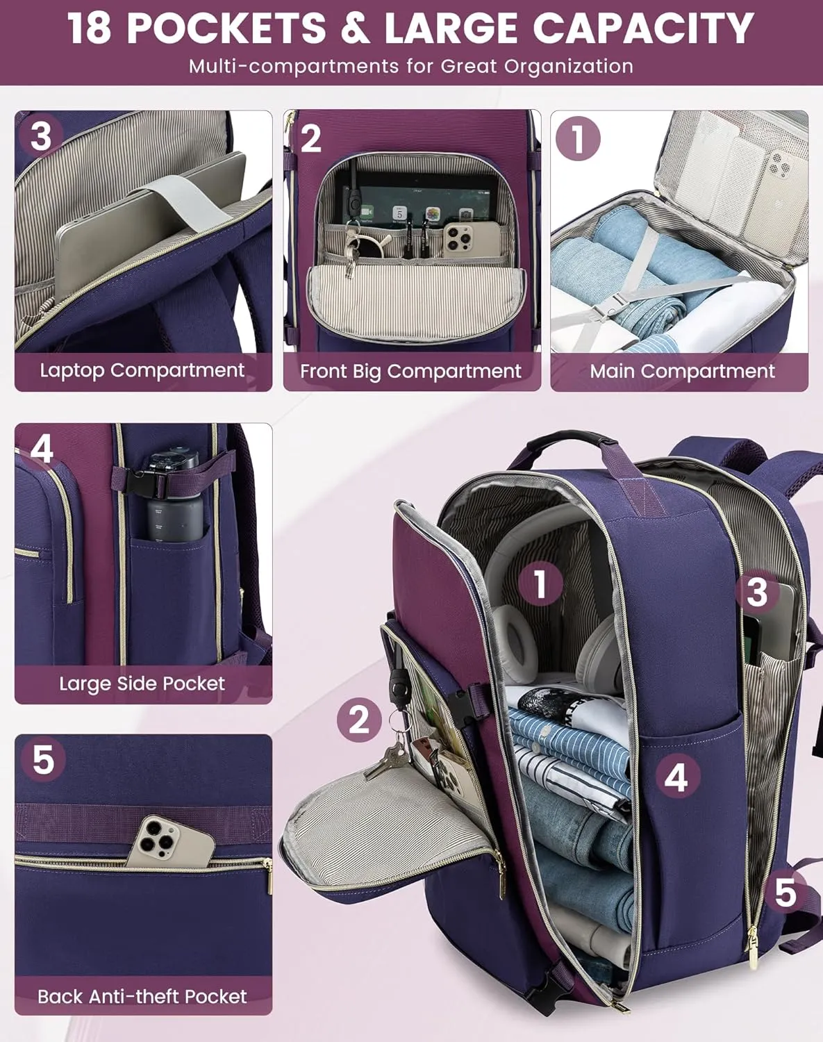 LOVEVOOK Large Travel Backpack for Women & Men, 40L Carry on Backpack for Airplanes, TSA Personal Item Travel Bag fits 17" Laptop, Waterproof Travel Essentials Airline Approved with 3 Packing Cubes