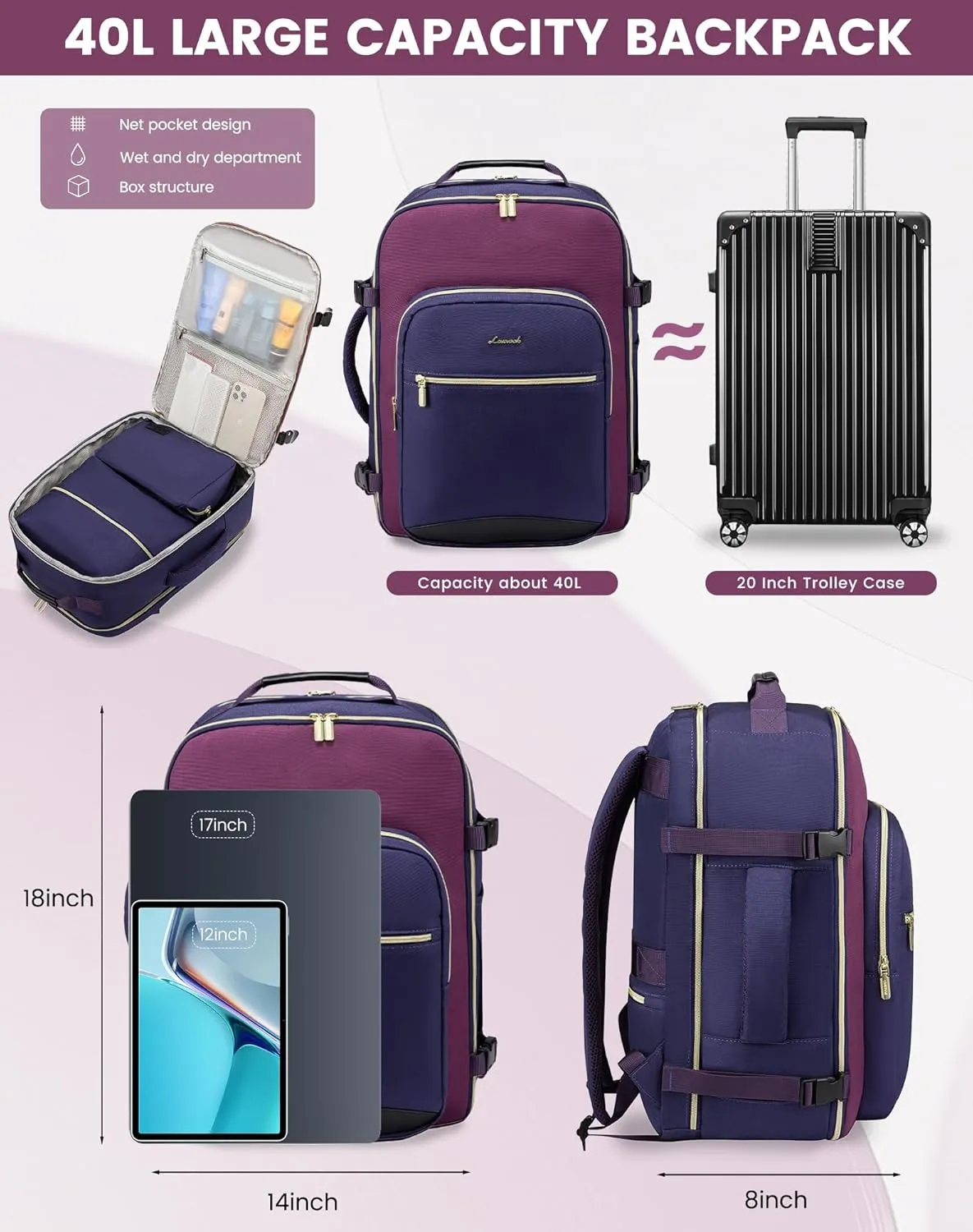 LOVEVOOK Large Travel Backpack for Women & Men, 40L Carry on Backpack for Airplanes, TSA Personal Item Travel Bag fits 17" Laptop, Waterproof Travel Essentials Airline Approved with 3 Packing Cubes