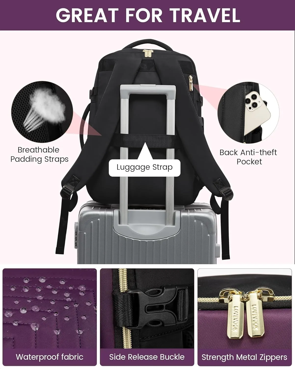 LOVEVOOK Large Travel Backpack for Women, Carry On Bag Flight Approved, 40L TSA Personal Item Travel Bag with 3 Packing Cubes, Waterproof 17 Inch Laptop Hiking Casual Backpack
