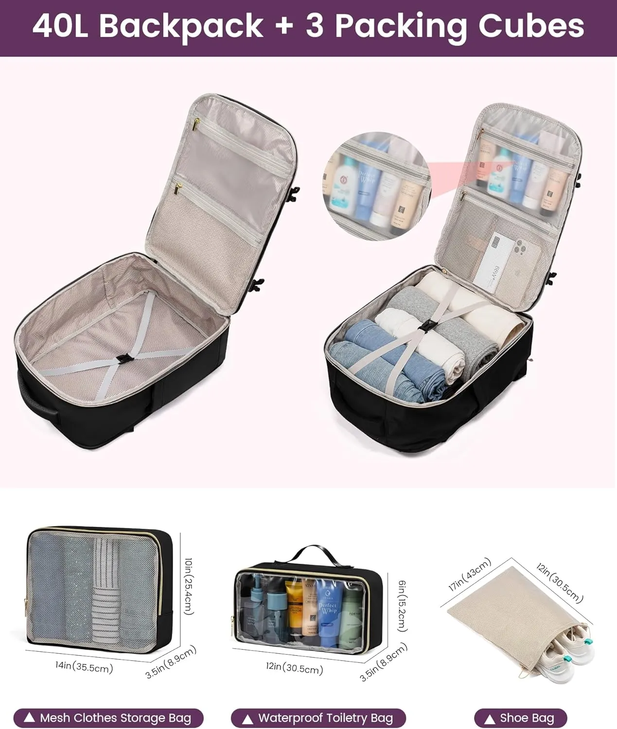 LOVEVOOK Large Travel Backpack for Women, Carry On Bag Flight Approved, 40L TSA Personal Item Travel Bag with 3 Packing Cubes, Waterproof 17 Inch Laptop Hiking Casual Backpack