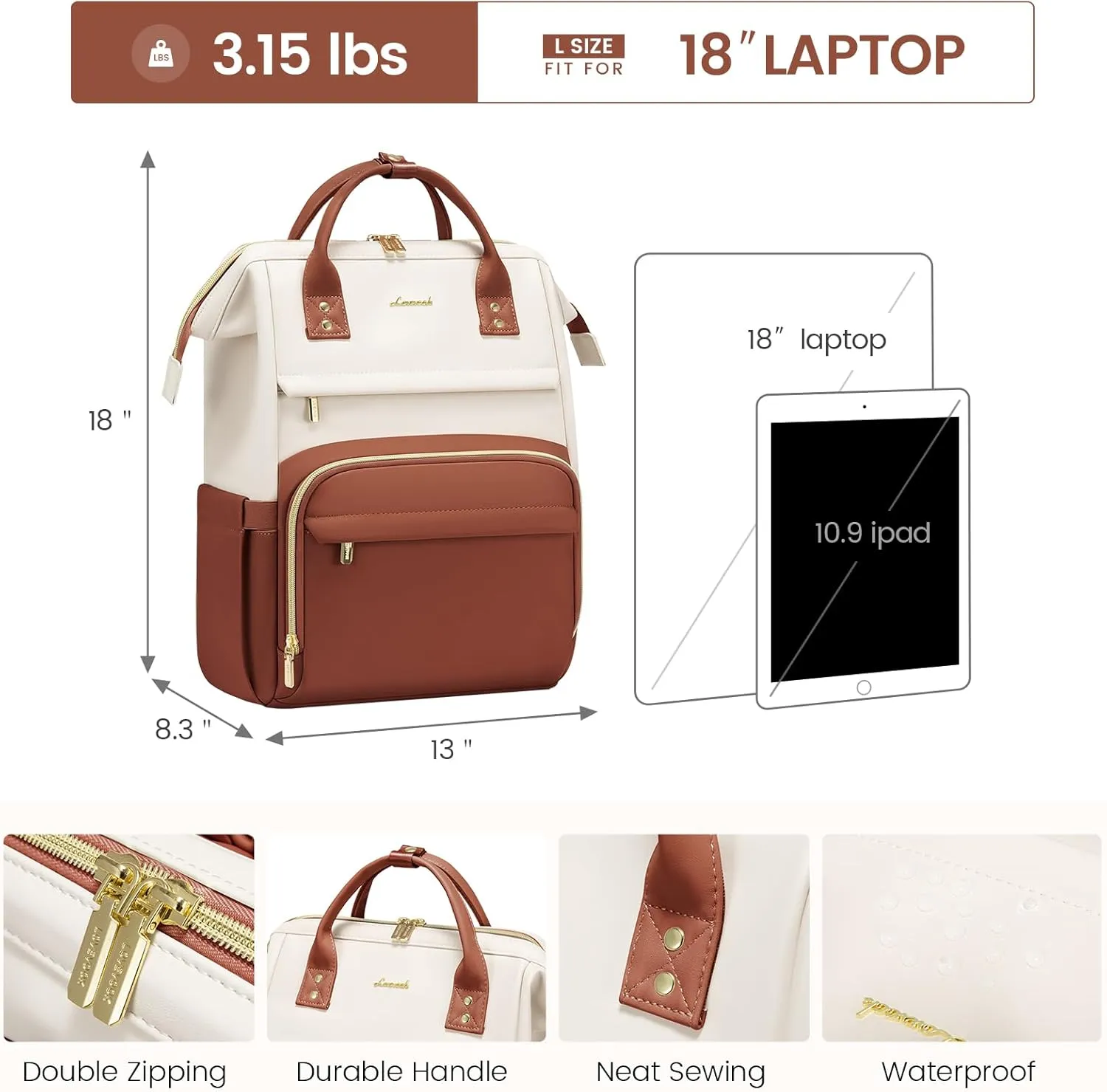 LOVEVOOK Leather Backpack for Women,18 inch Leather Laptop Backpack Women,Professional Work Backpack Nurse College Teacher Bag,Womens Laptop Tote Bag Computer Travel Backpack Purse,Beige White-Brown
