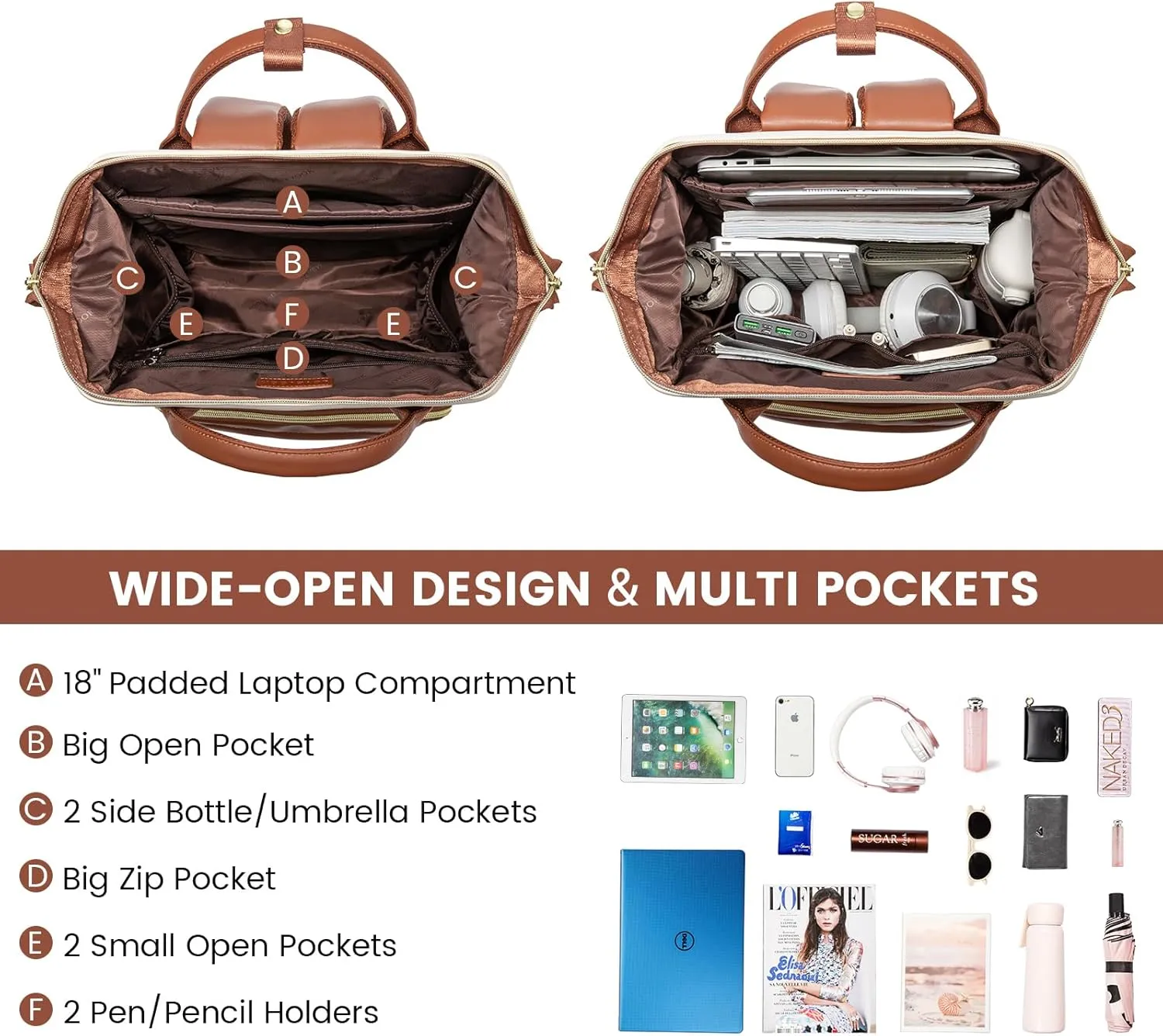 LOVEVOOK Leather Backpack for Women,18 inch Leather Laptop Backpack Women,Professional Work Backpack Nurse College Teacher Bag,Womens Laptop Tote Bag Computer Travel Backpack Purse,Beige White-Brown