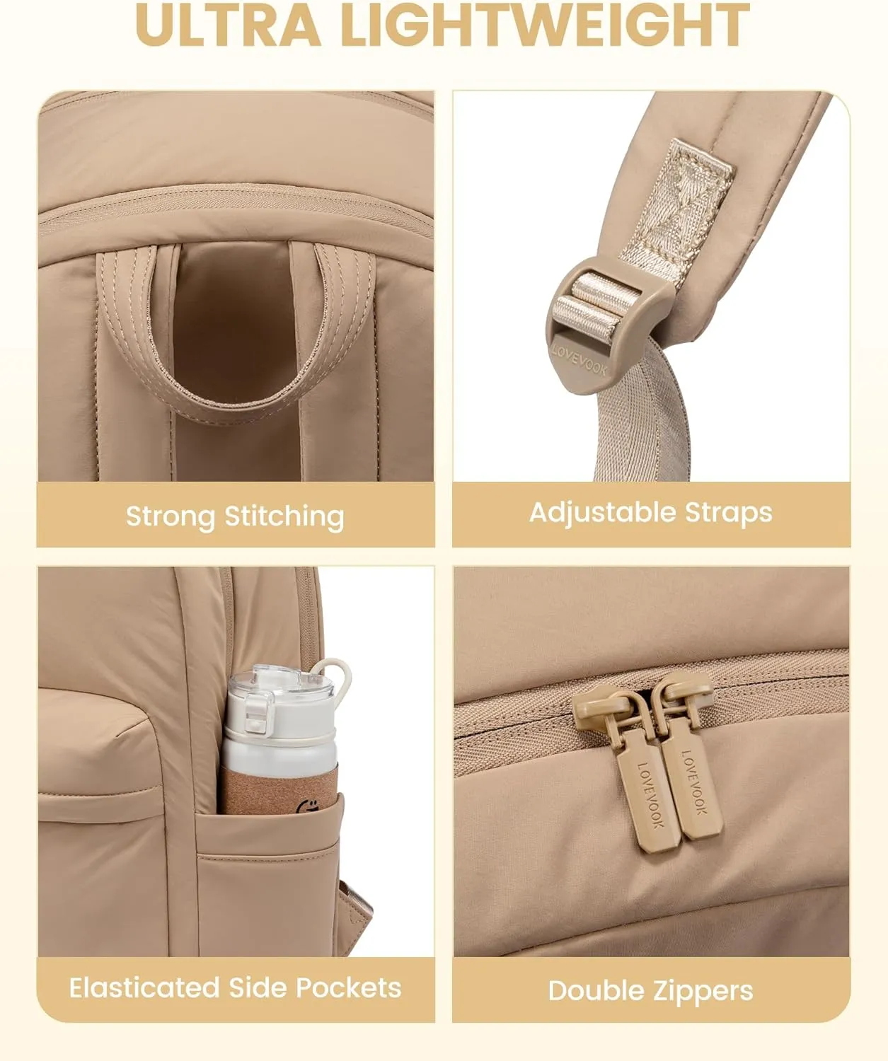 LOVEVOOK Puffer Backpack for Women Travel Work, Lightweight Quilted Laptop Backpack Purse, Cute Bookbag Teacher Nurse Laptop Bag Computer Backpack, Waterproof Casual Daypack, 15.6 Inch, Khaki