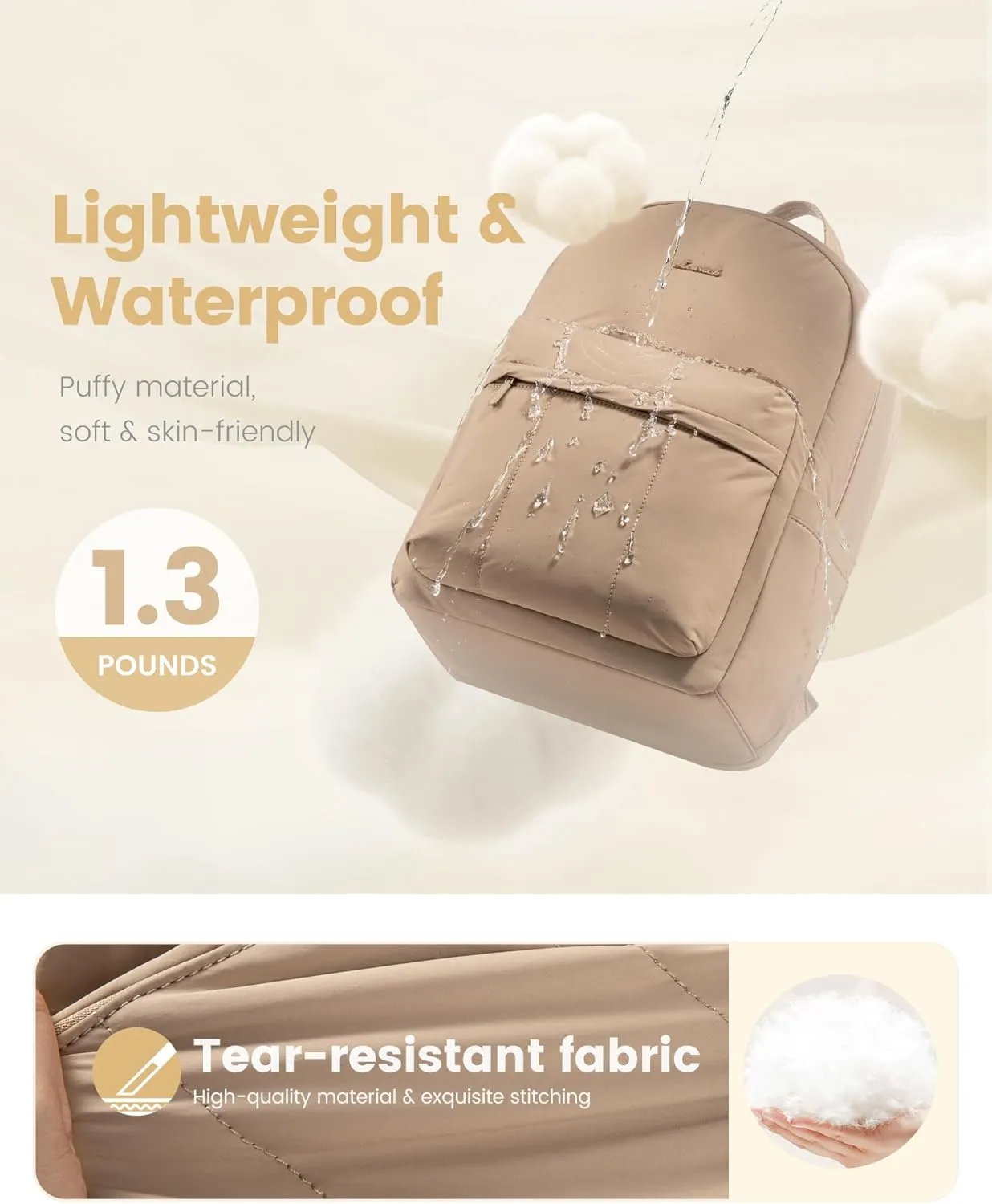 LOVEVOOK Puffer Backpack for Women Travel Work, Lightweight Quilted Laptop Backpack Purse, Cute Bookbag Teacher Nurse Laptop Bag Computer Backpack, Waterproof Casual Daypack, 15.6 Inch, Khaki