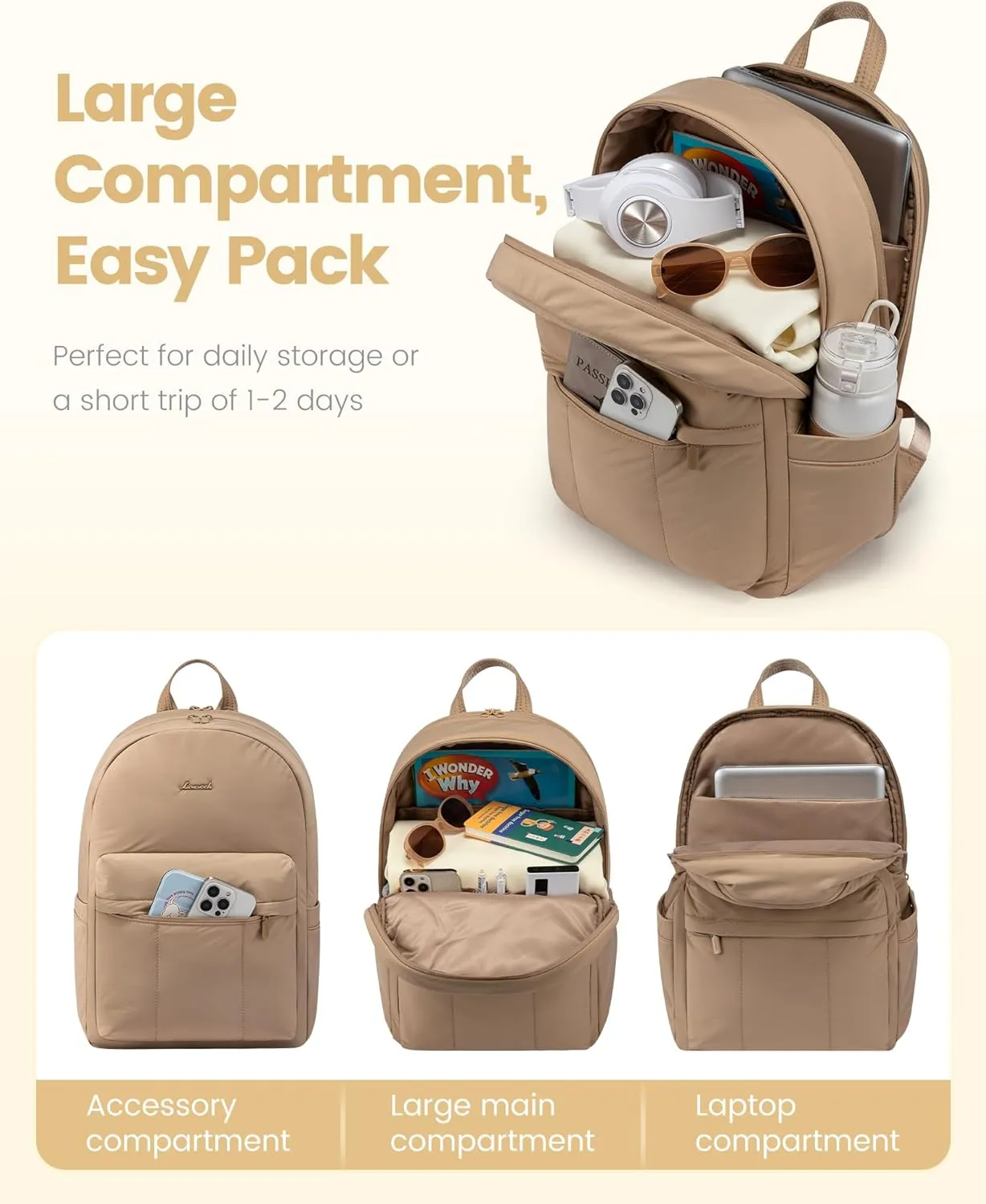 LOVEVOOK Puffer Backpack for Women Travel Work, Lightweight Quilted Laptop Backpack Purse, Cute Bookbag Teacher Nurse Laptop Bag Computer Backpack, Waterproof Casual Daypack, 15.6 Inch, Khaki
