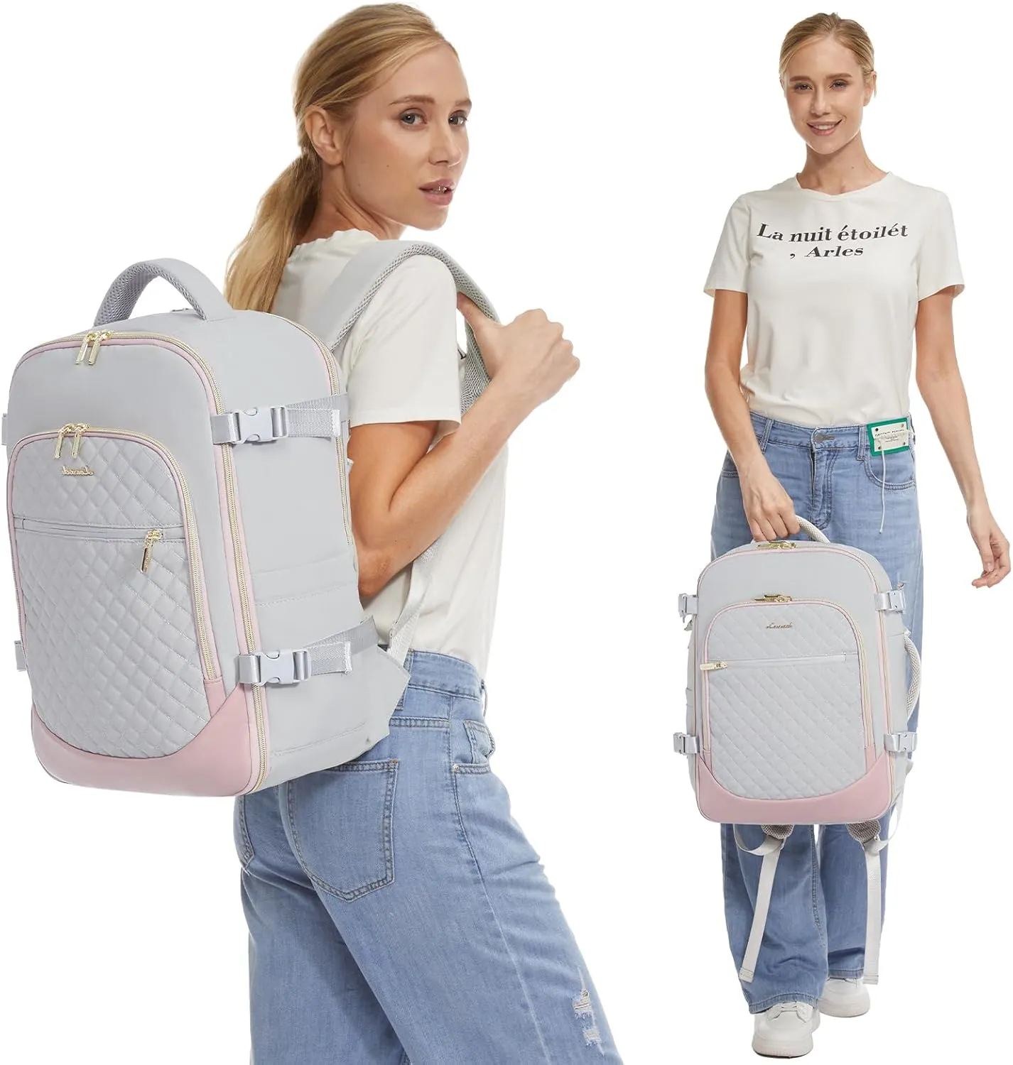 LOVEVOOK Travel Backpack for Women, 15.6in Laptop Backpack TSA Approved Carry on Luggage Personal Item Travel Bag for Business Weekender Hiking, Gray-Pink