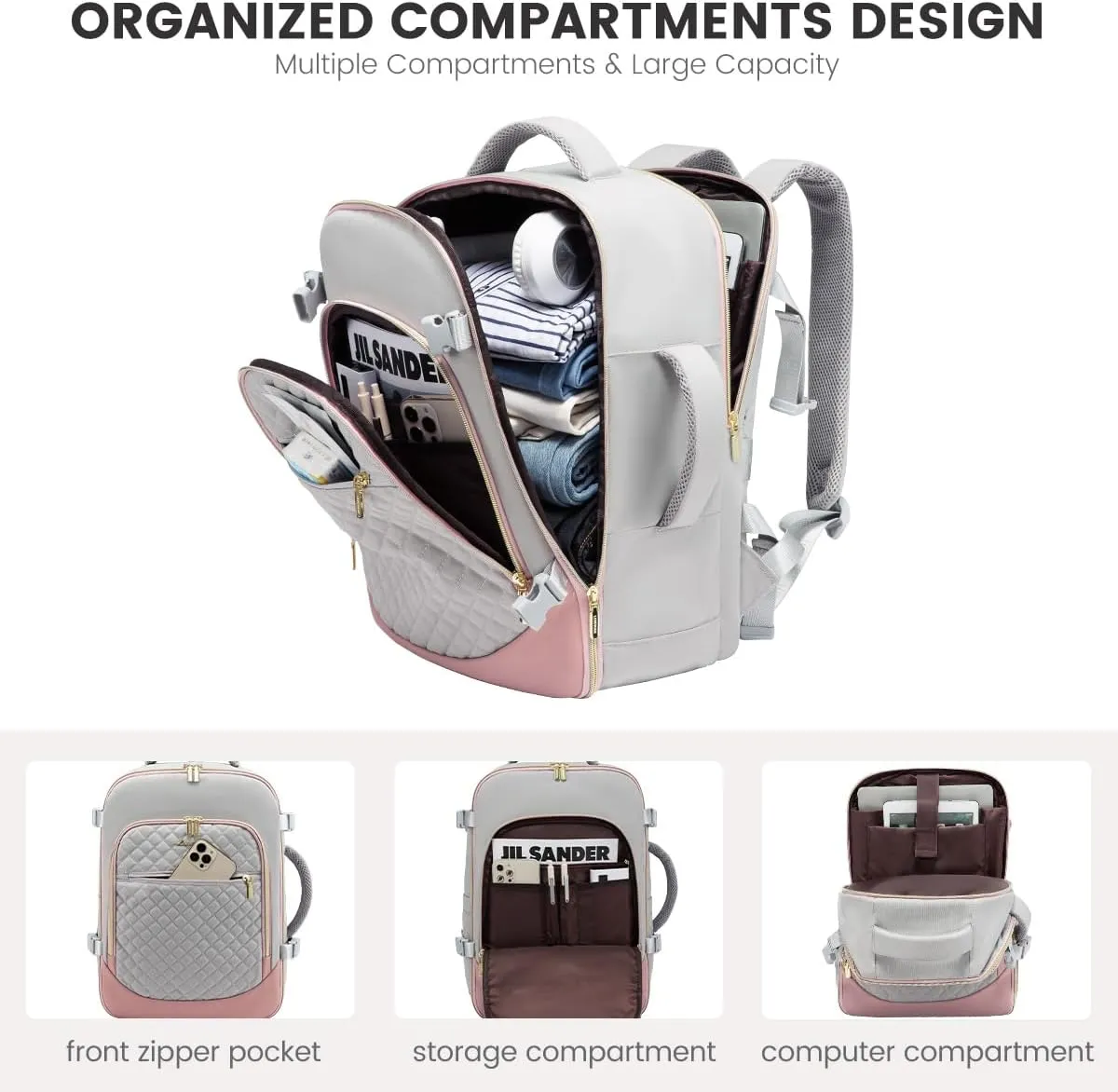 LOVEVOOK Travel Backpack for Women, 15.6in Laptop Backpack TSA Approved Carry on Luggage Personal Item Travel Bag for Business Weekender Hiking, Gray-Pink