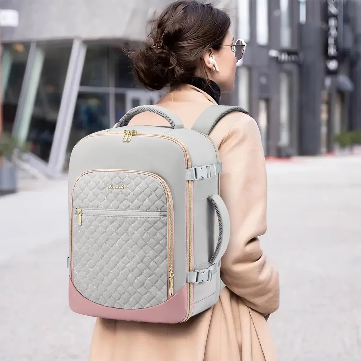 LOVEVOOK Travel Backpack for Women, 15.6in Laptop Backpack TSA Approved Carry on Luggage Personal Item Travel Bag for Business Weekender Hiking, Gray-Pink