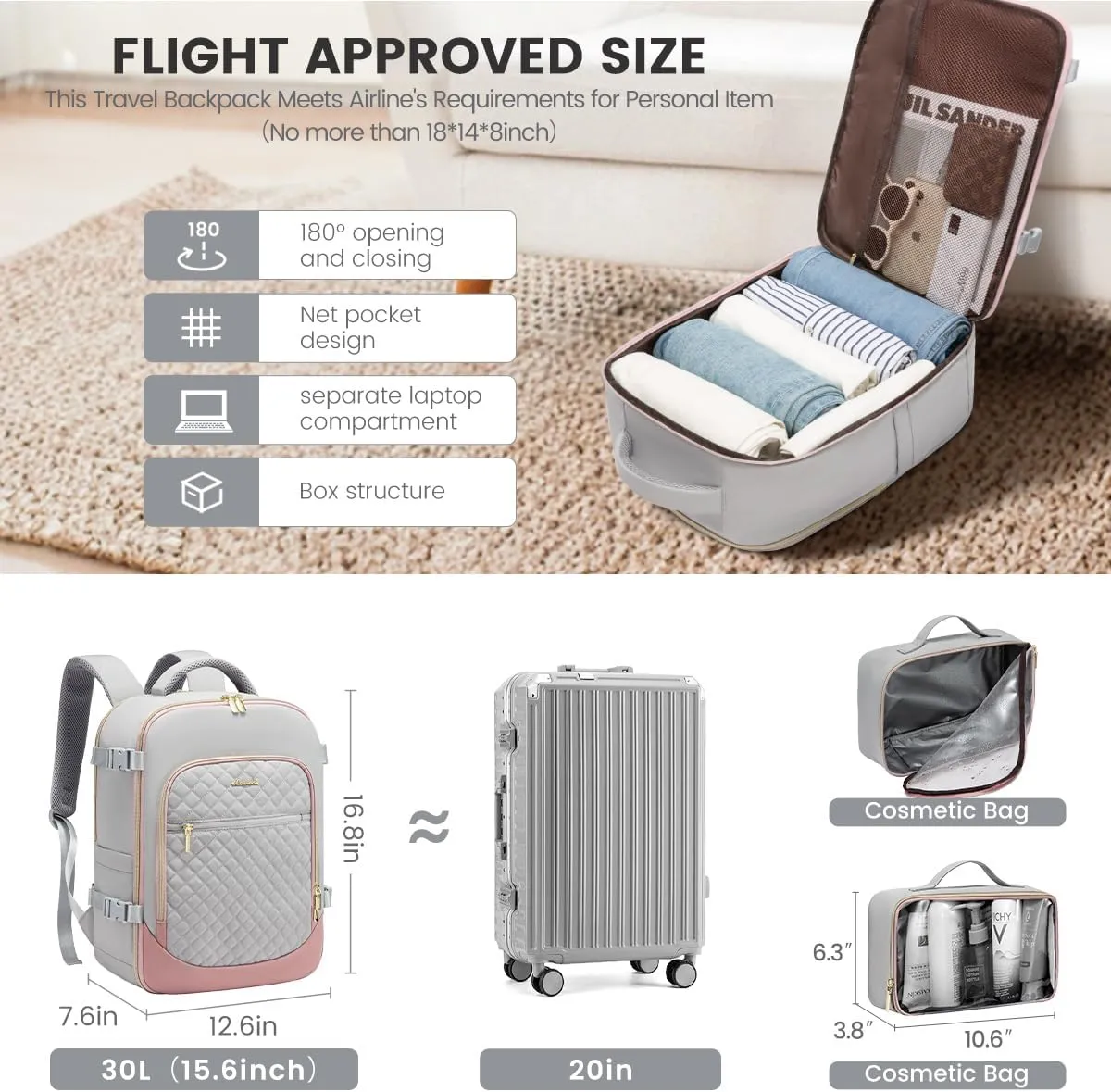 LOVEVOOK Travel Backpack for Women, 15.6in Laptop Backpack TSA Approved Carry on Luggage Personal Item Travel Bag for Business Weekender Hiking, Gray-Pink