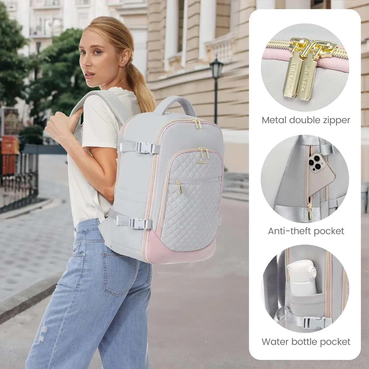 LOVEVOOK Travel Backpack for Women, 15.6in Laptop Backpack TSA Approved Carry on Luggage Personal Item Travel Bag for Business Weekender Hiking, Gray-Pink
