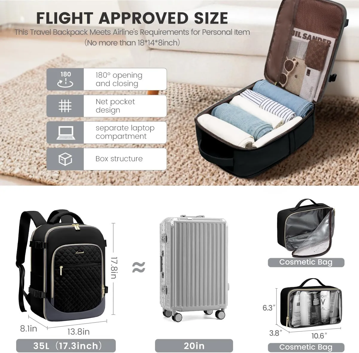 LOVEVOOK Travel Backpack for Women, 17.3in Laptop Backpack TSA Approved Carry on Luggage Personal Item Travel Bag for Business Weekender Hiking, Black-Gray