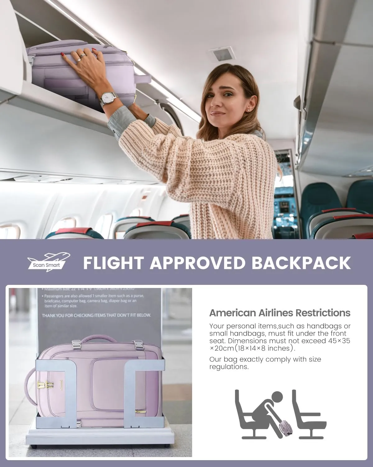 LOVEVOOK Travel Backpack For Women, 40L Carry On Backpack Flight Approved, TSA Personal Item Travel Bag Fits 17 Inch Laptop, Business Weekender Overnight Waterproof Daypack With 2 Cubes, Light Purple