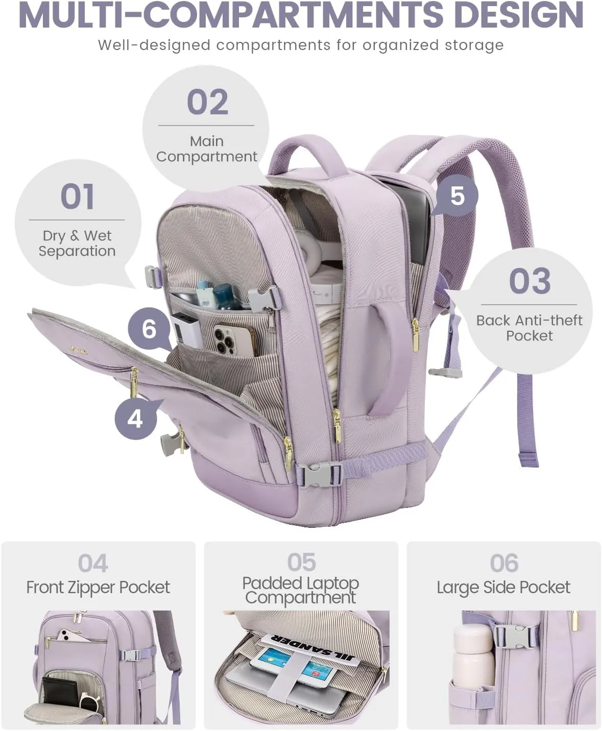 LOVEVOOK Travel Backpack For Women, 40L Carry On Backpack Flight Approved, TSA Personal Item Travel Bag Fits 17 Inch Laptop, Business Weekender Overnight Waterproof Daypack With 2 Cubes, Light Purple