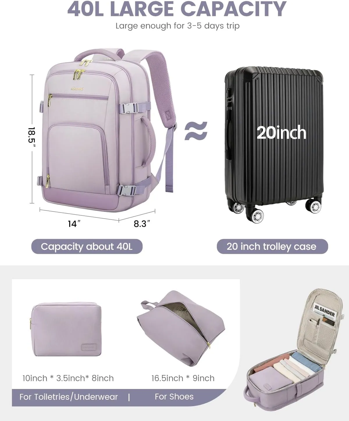 LOVEVOOK Travel Backpack For Women, 40L Carry On Backpack Flight Approved, TSA Personal Item Travel Bag Fits 17 Inch Laptop, Business Weekender Overnight Waterproof Daypack With 2 Cubes, Light Purple