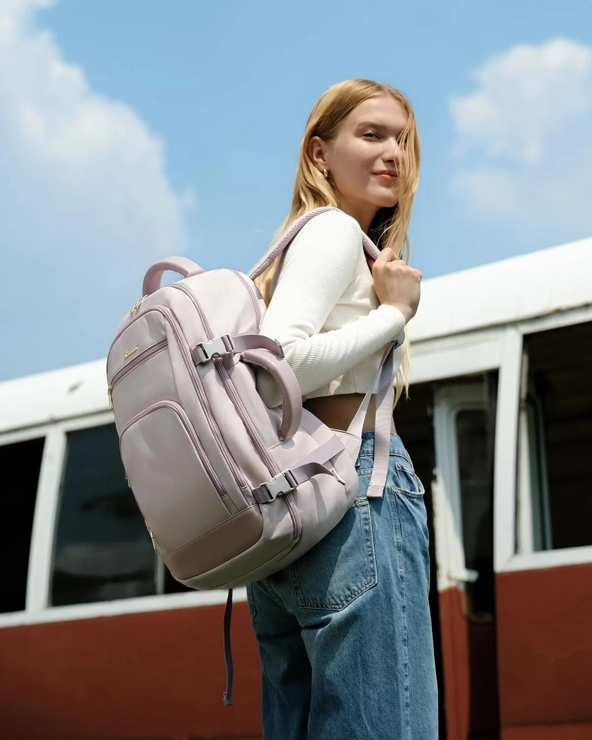 LOVEVOOK Travel Backpack For Women, 40L Carry On Backpack Flight Approved, TSA Personal Item Travel Bag Fits 17 Inch Laptop, Business Weekender Overnight Waterproof Daypack With 2 Cubes, Light Purple