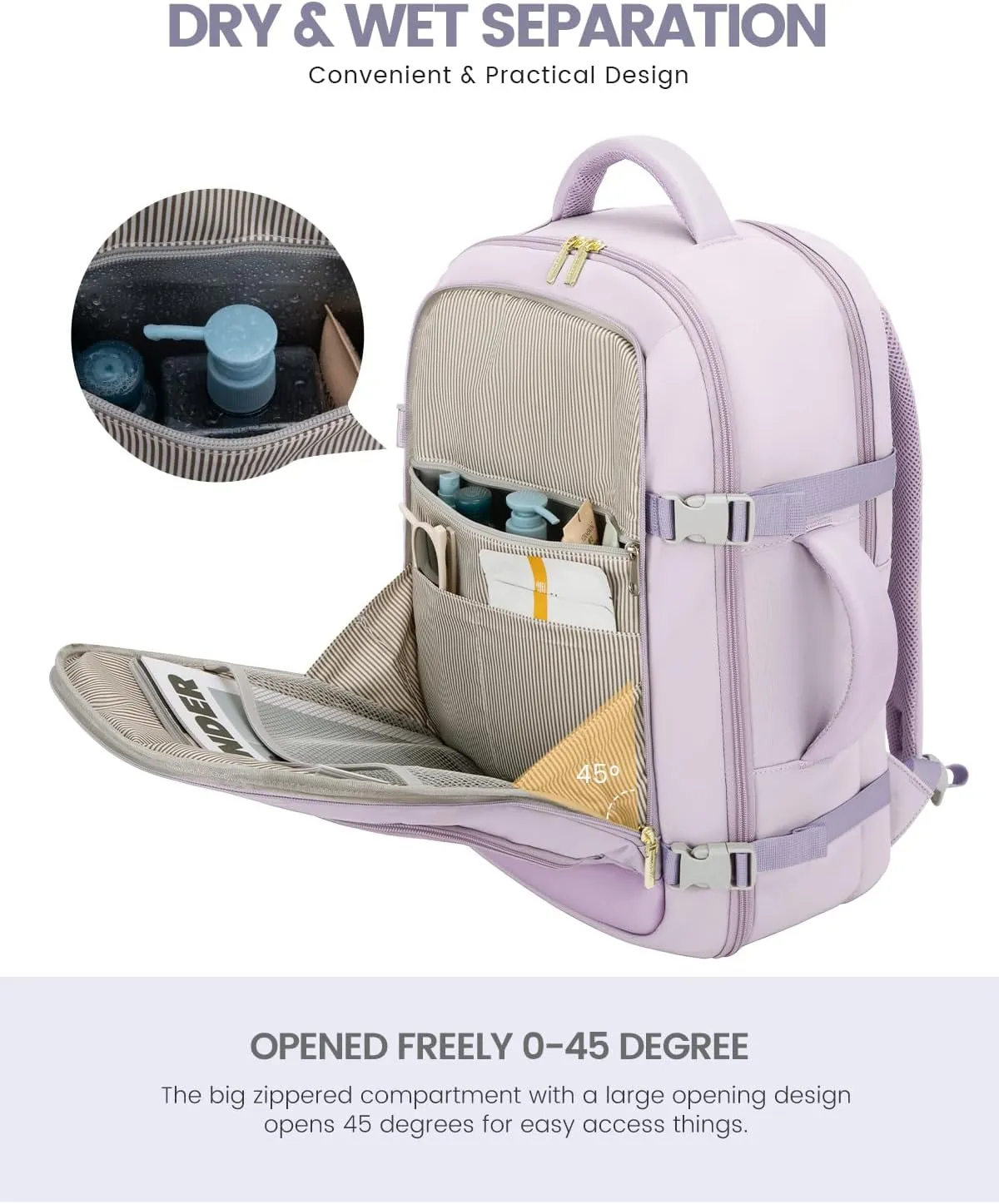 LOVEVOOK Travel Backpack For Women, 40L Carry On Backpack Flight Approved, TSA Personal Item Travel Bag Fits 17 Inch Laptop, Business Weekender Overnight Waterproof Daypack With 2 Cubes, Light Purple