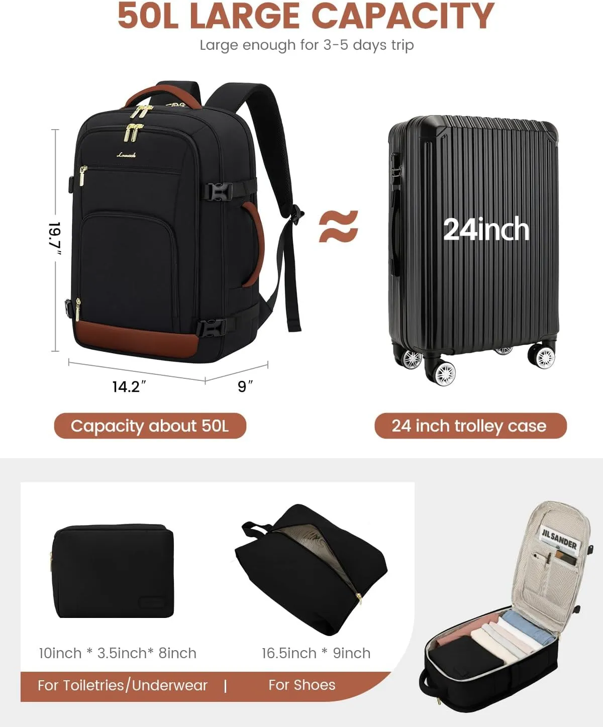 LOVEVOOK Travel Backpack For Women Flight Approved, 50L Large Carry On Backpack For Airplanes, Personal Item Travel Bag, Waterproof 18 Inch Laptop Backpack For Business Weekender Overnight, 4Pcs Set