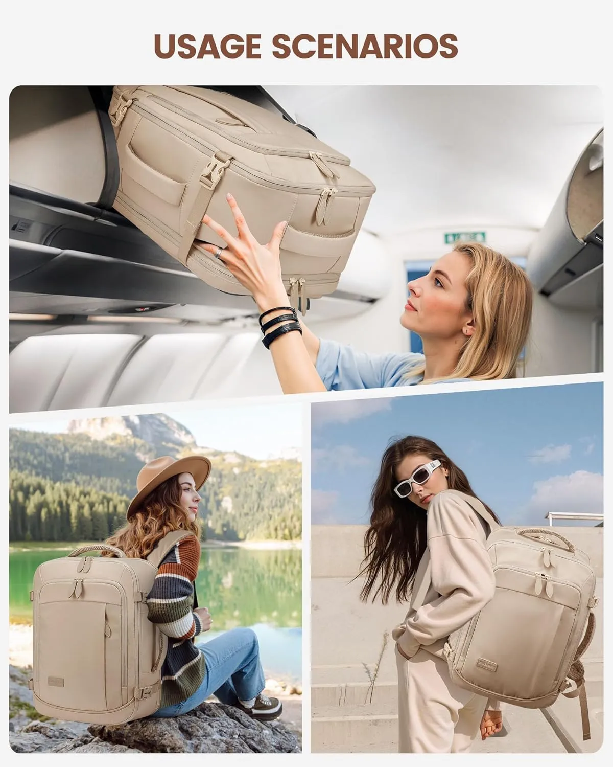 LOVEVOOK Travel Backpack for Women Men, 35L Large Carry On Bag Fits 15.6" Laptop, Flight Approved Personal Item, Waterproof Luggage for Daily Use Weekender Trip Work Business Uni, Khaki