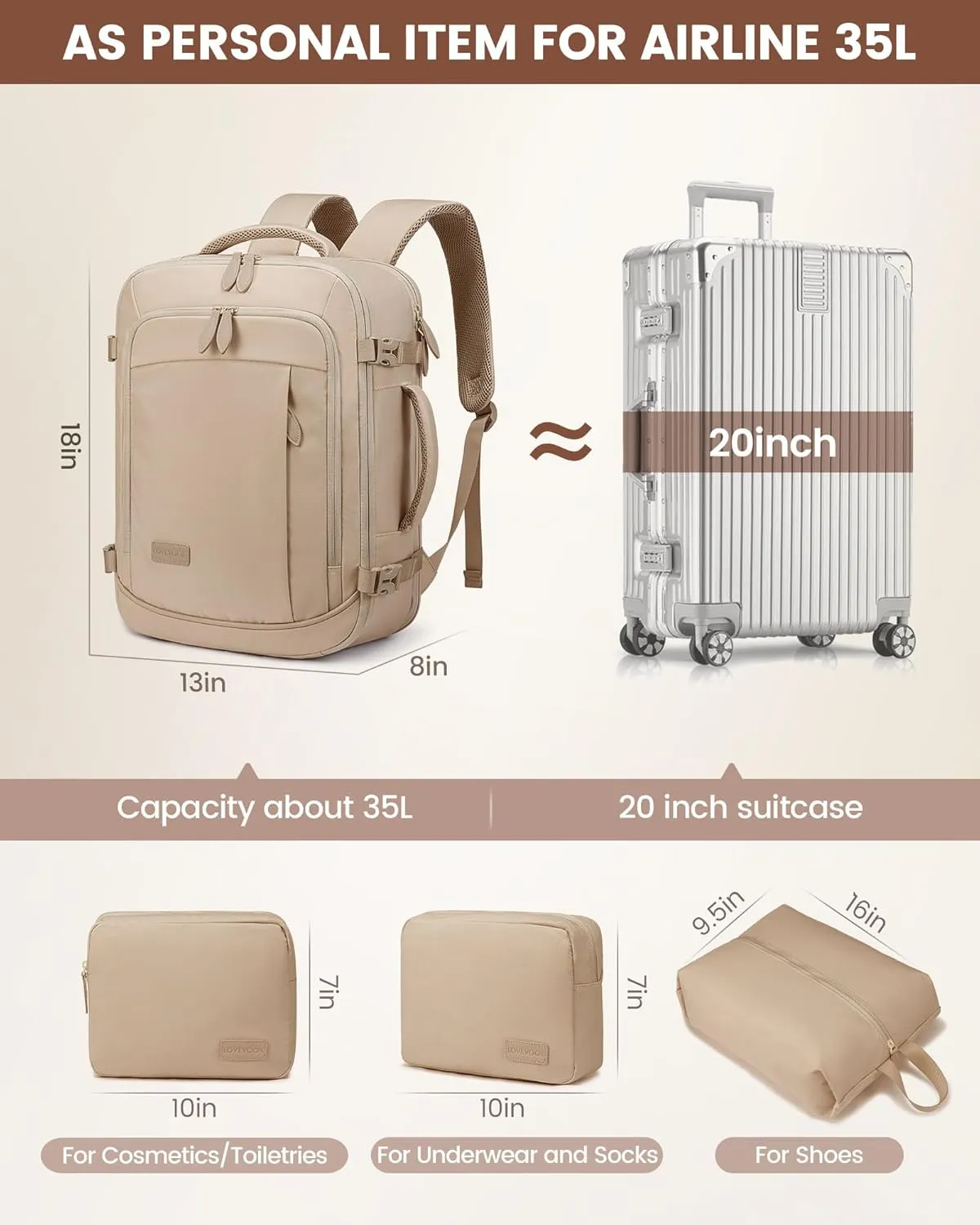 LOVEVOOK Travel Backpack for Women Men, 35L Large Carry On Bag Fits 15.6" Laptop, Flight Approved Personal Item, Waterproof Luggage for Daily Use Weekender Trip Work Business Uni, Khaki