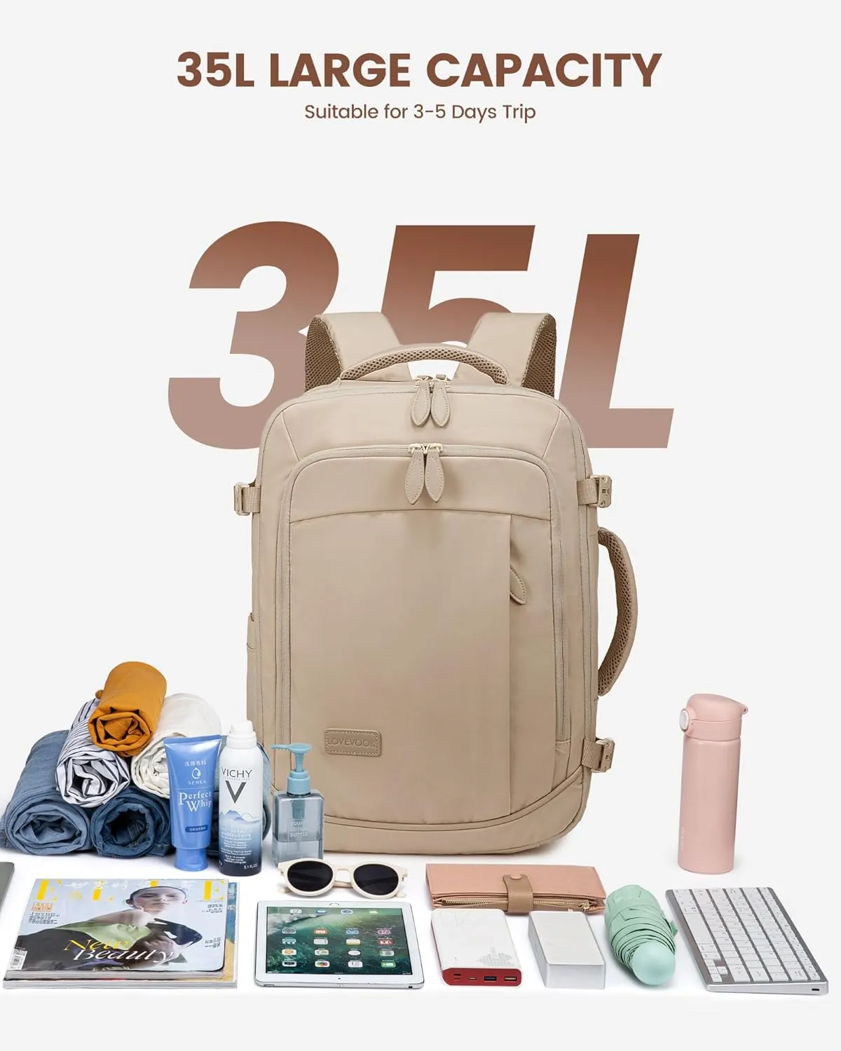 LOVEVOOK Travel Backpack for Women Men, 35L Large Carry On Bag Fits 15.6" Laptop, Flight Approved Personal Item, Waterproof Luggage for Daily Use Weekender Trip Work Business Uni, Khaki