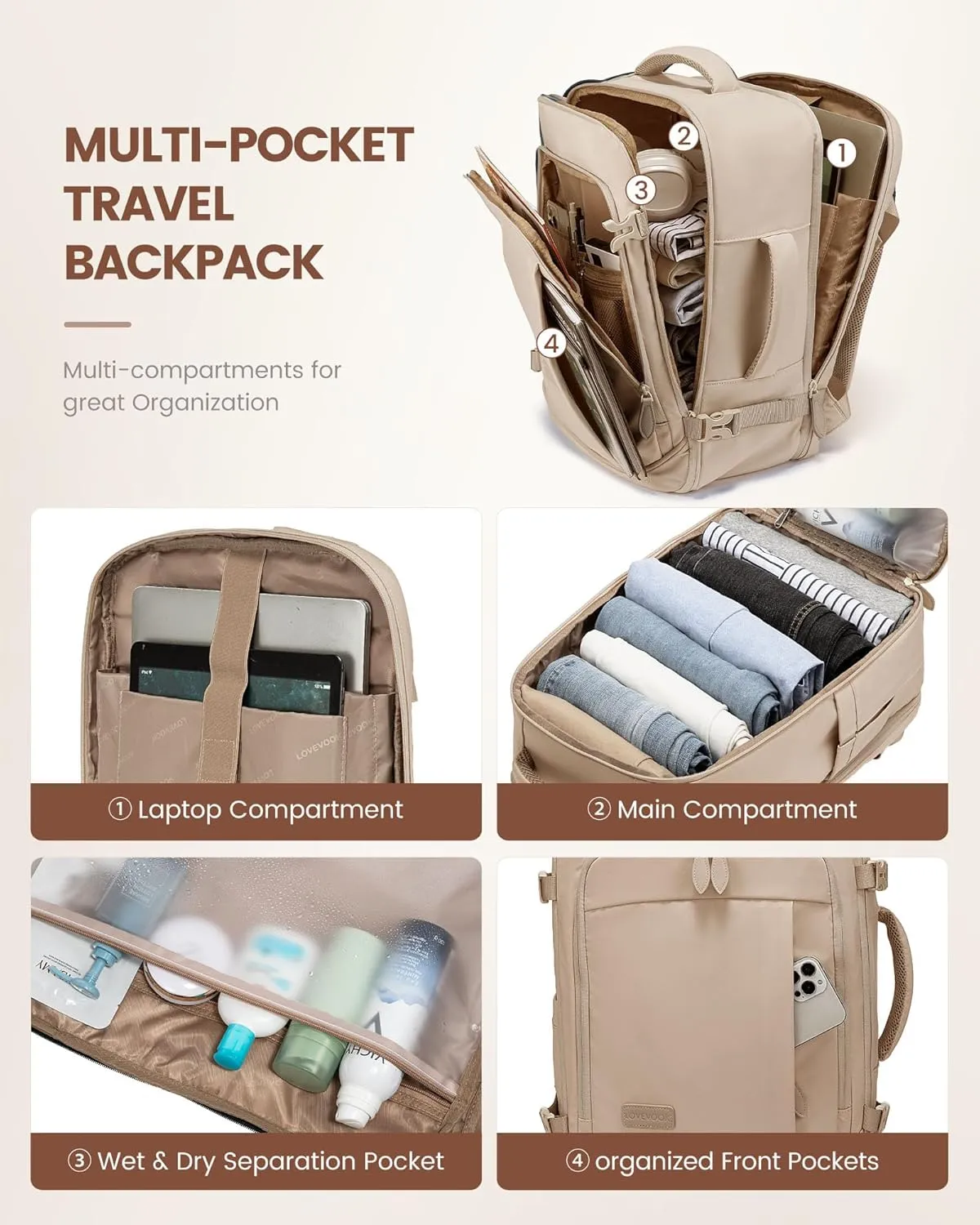 LOVEVOOK Travel Backpack for Women Men, 35L Large Carry On Bag Fits 15.6" Laptop, Flight Approved Personal Item, Waterproof Luggage for Daily Use Weekender Trip Work Business Uni, Khaki