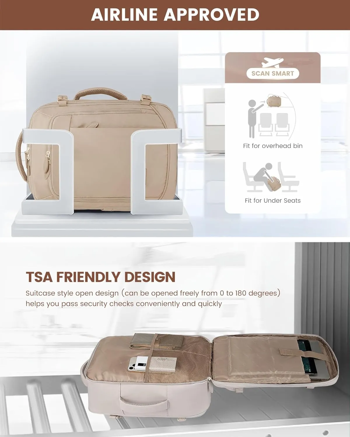 LOVEVOOK Travel Backpack for Women Men, 35L Large Carry On Bag Fits 15.6" Laptop, Flight Approved Personal Item, Waterproof Luggage for Daily Use Weekender Trip Work Business Uni, Khaki